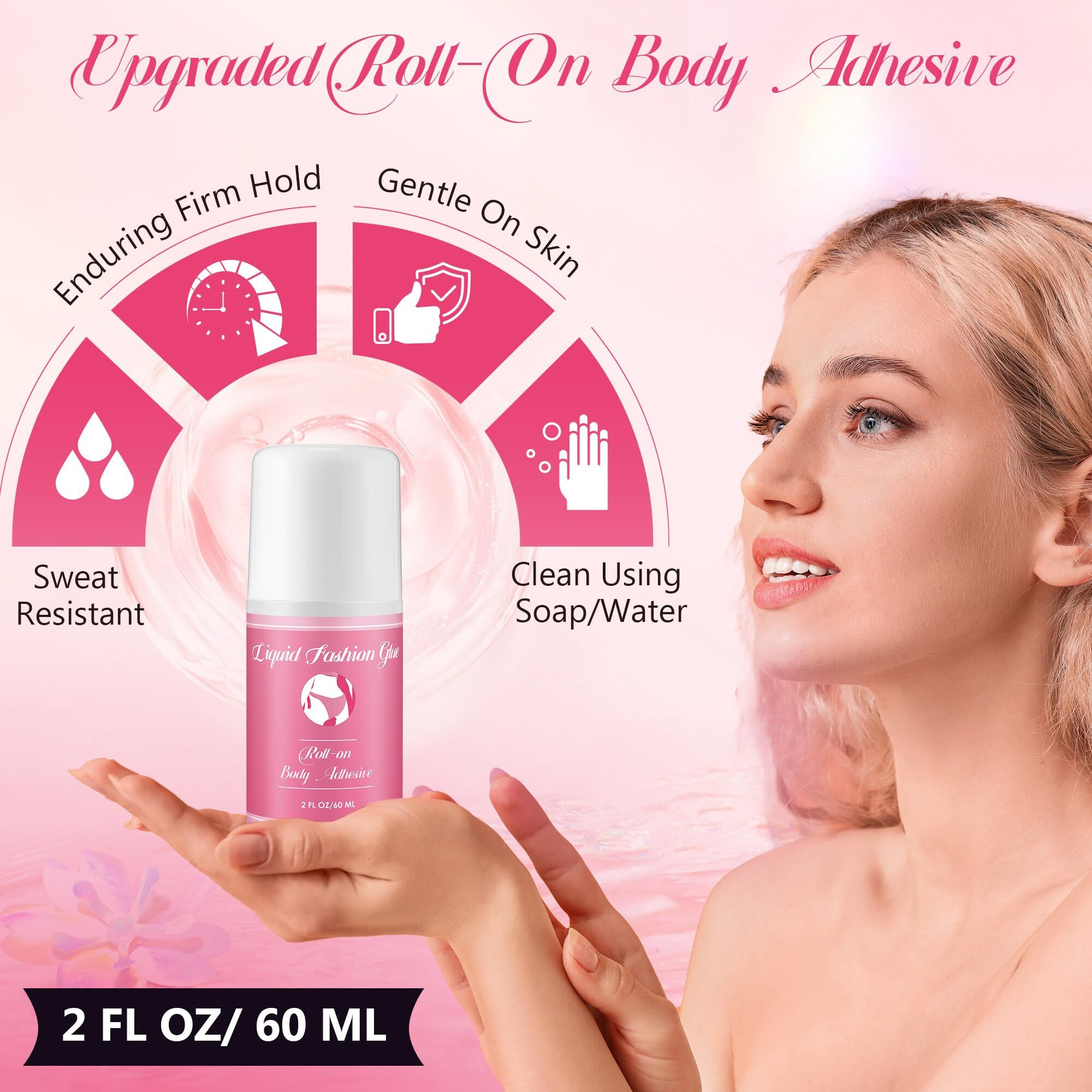 Happyalley 2 Pcs Roll On Body Adhesive For Dancers, 2Oz Clear & Non Toxic Liquid Fashion Glue For Oily And Dry Skin, Sweat Resistant Body Adhesive For Compression Stocking, Wig Glue, Residue Free