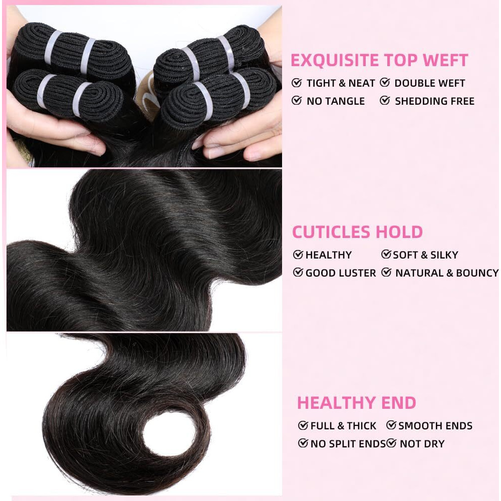 Perismoda 15A Human Hair Bundles Body Wave Bundles Human Hair 100% Unprocessed Raw Bundles Human Hair 24 26 28 Inch Quick Weave Hair Extensions Natural Black 3 Bundles Natural Black Color