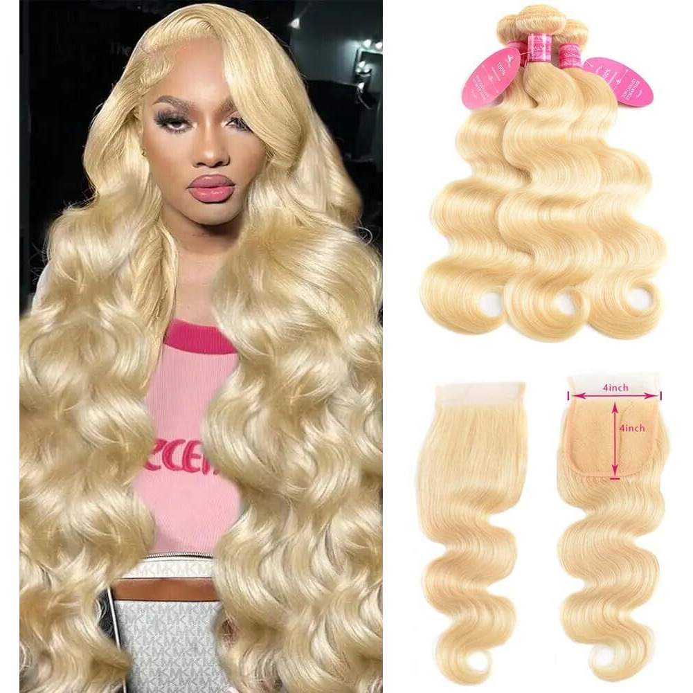 Yisea 613 Blonde Bundles With Closure Brazilian Body Wave 3 Bundles With Closure Blonde Human Hair Bundles With Closure Remy Hair (12 14 16+10, 613)
