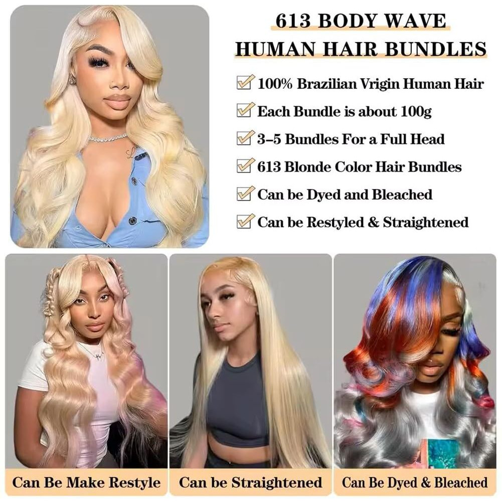 Yisea 613 Blonde Bundles With Closure Brazilian Body Wave 3 Bundles With Closure Blonde Human Hair Bundles With Closure Remy Hair (12 14 16+10, 613)