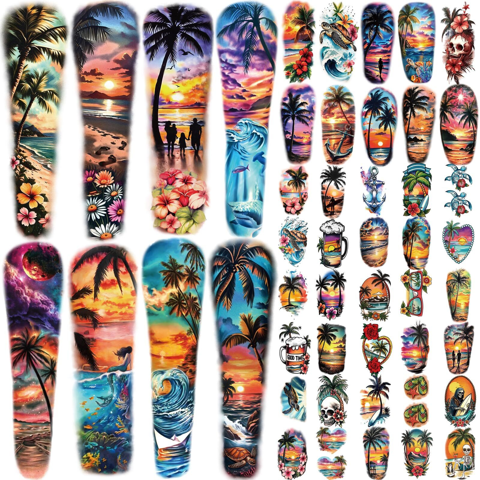 48 Sheets Holiday Ocean Temporary Tattoo For Men Women, 8 Full Arm Flower Skull Sunset Fake Tattoos, 10 Half Arm Beach Turtle Fake Tattoos, 30 Tiny Body Stickers Adult Kid Realistic