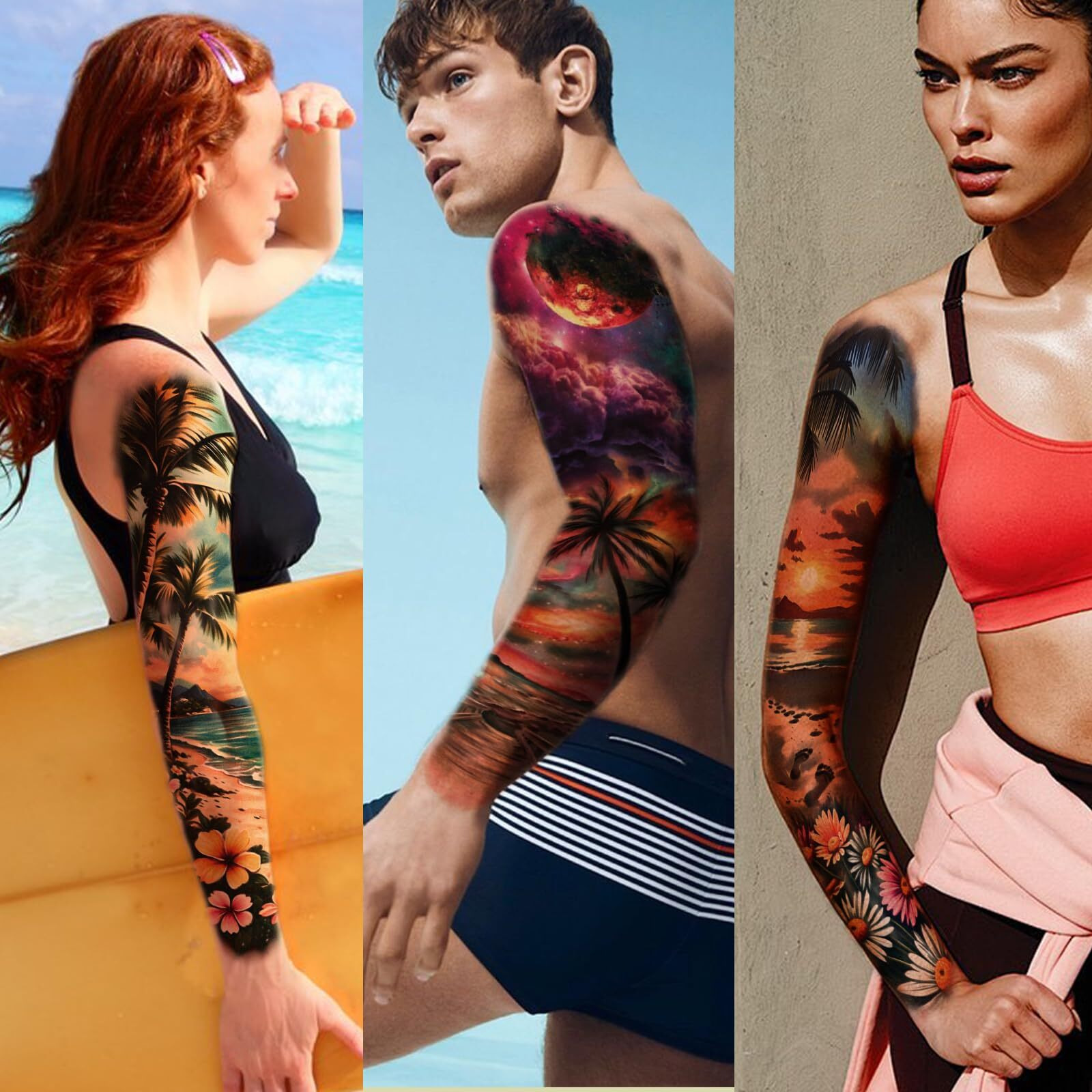 48 Sheets Holiday Ocean Temporary Tattoo For Men Women, 8 Full Arm Flower Skull Sunset Fake Tattoos, 10 Half Arm Beach Turtle Fake Tattoos, 30 Tiny Body Stickers Adult Kid Realistic