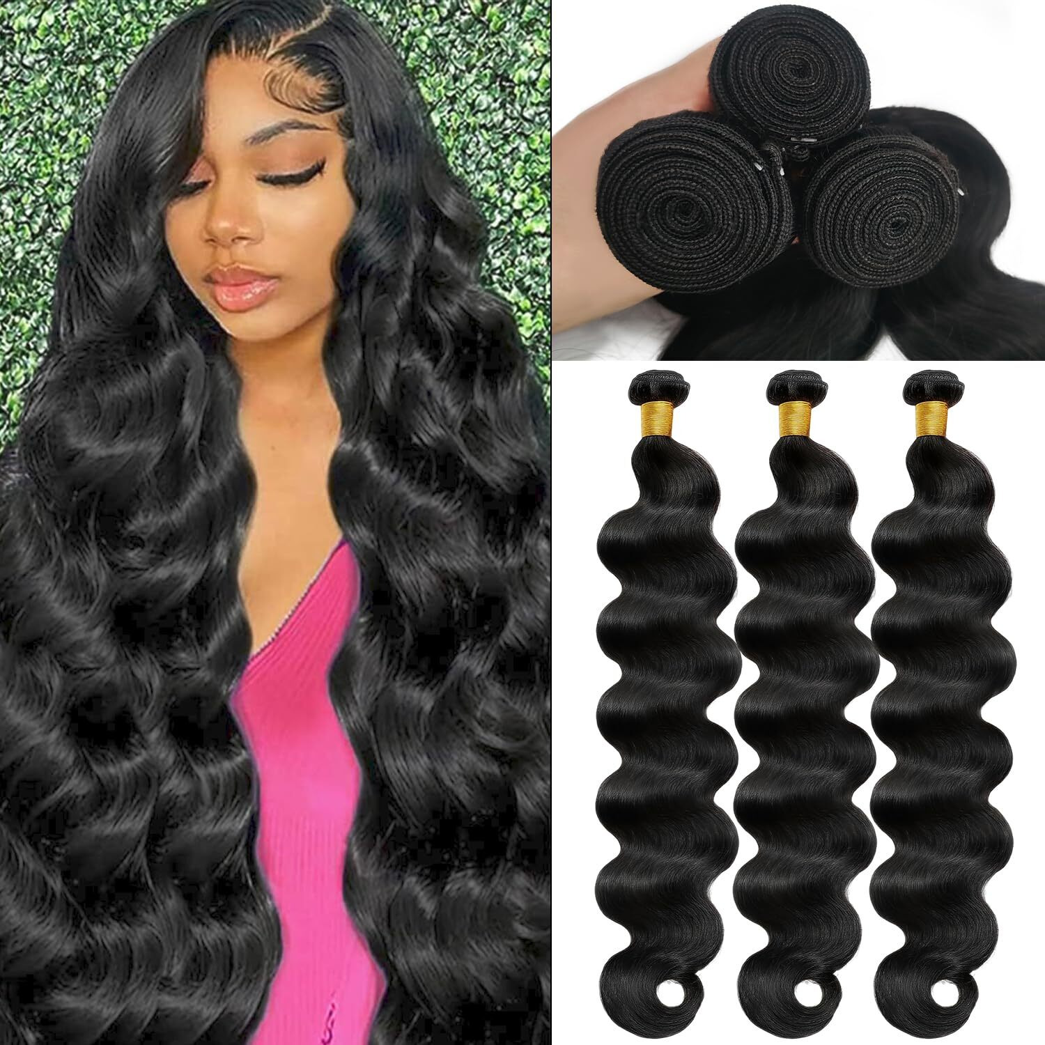 12A Human Hair Bundles 18 20 22 Inch Body Wave Human Hair 100% Unprocessed Brazilian Virgin Hair 3 Bundles Extensions Quick Weave Human Hair Extensions Wavy For Women Natural Black