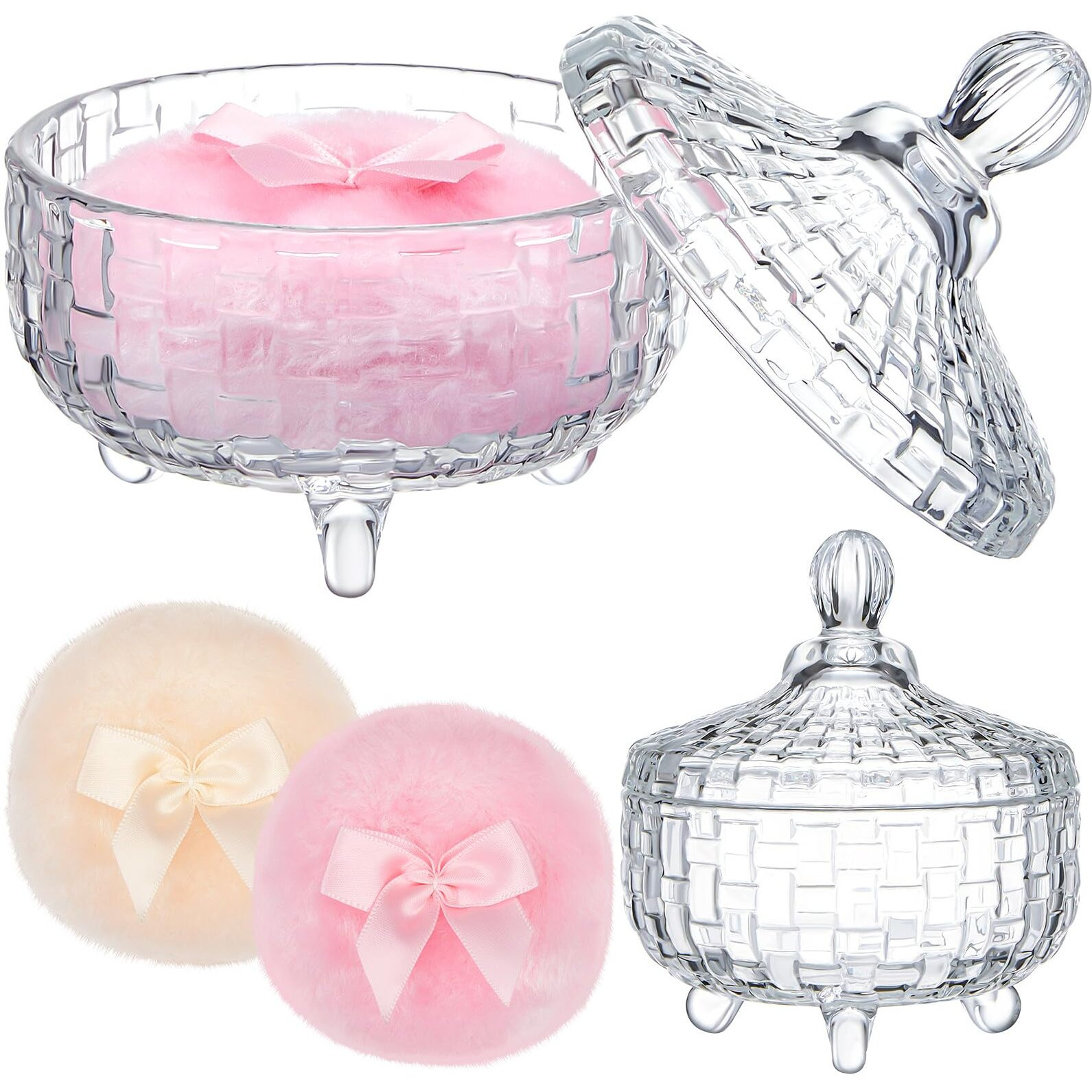 Tioncy 3 Pcs Large Body Powder Puff And Container Valentine's Day Gift Powder Container With Puff Crystal Case Soft Washable Reusable Velour Face Body Glitter Wet Dry Makeup Triangle Style (Clear)
