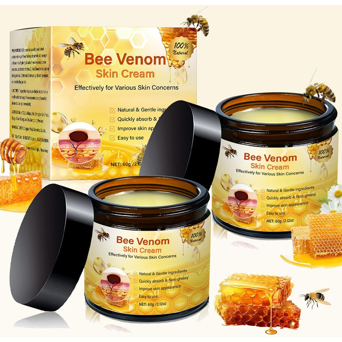 Bee Venom Comprehensive Cream - 2025 Professional Bee Venom Skin Treatmant Cream For Face And Body,Hydrating Natural Skin Restoration Moisturizer For Women Men (2 Bottle)
