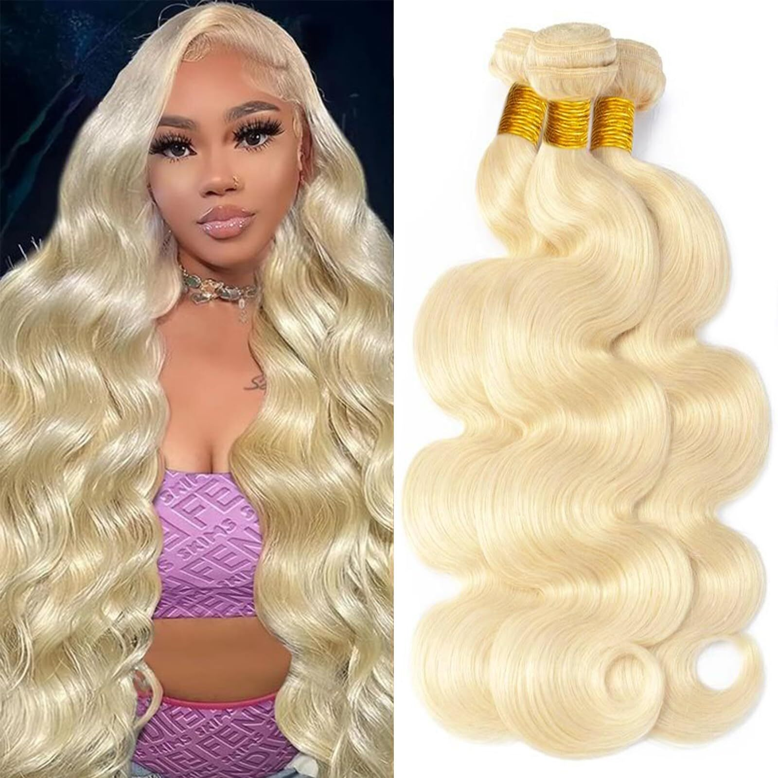 613 Bundles Human Hair 26 28 30 Inch Blonde Body Wave Bundles Human Hair 100% Unprocessed 12A Brazilian Virgin Human Hair 3 Bundles Body Wave Human Hair 613 Hair Extensions For Women