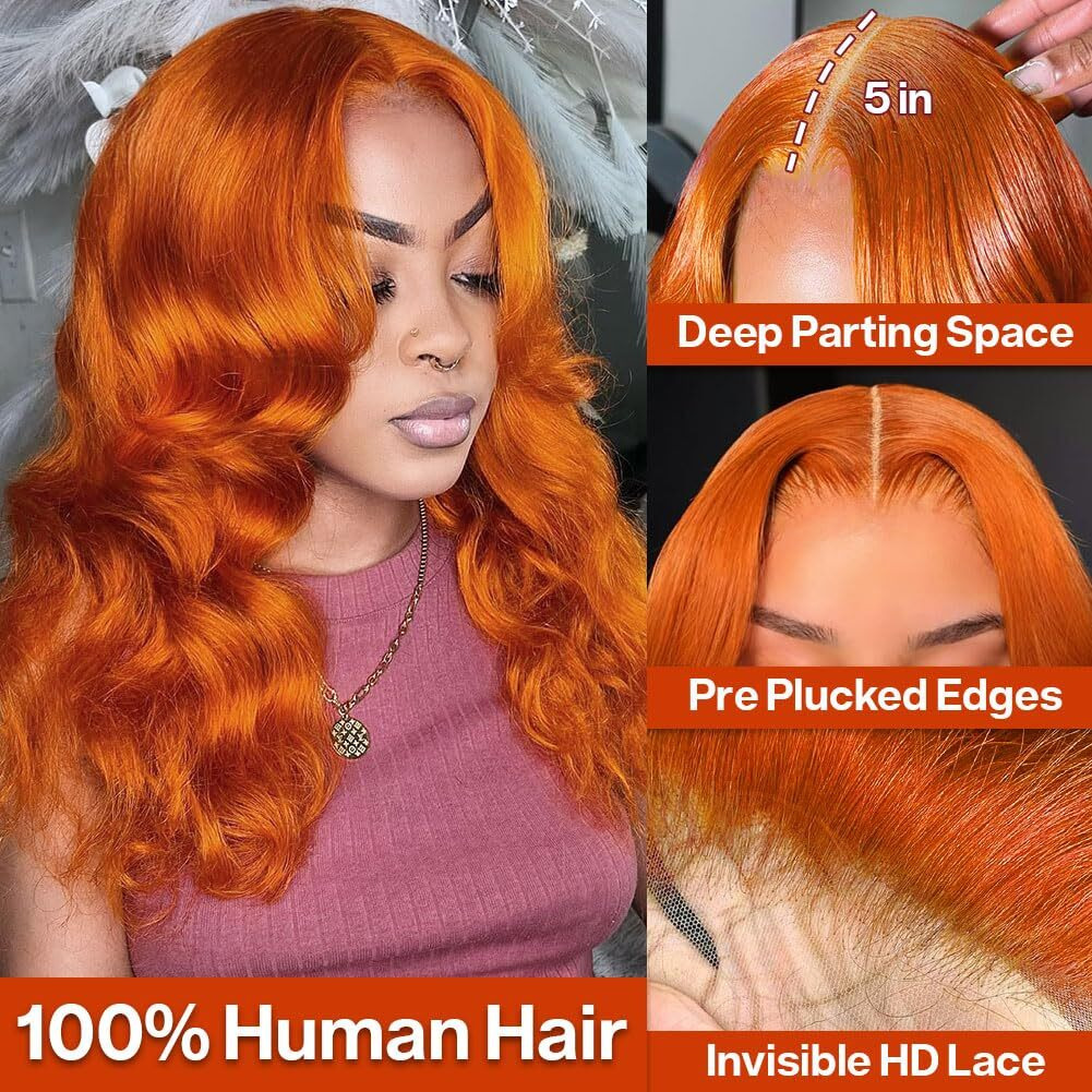 Omswet Ginger Orange Body Wave Bob Wig Human Hair 5X5 Hd Lace Closure Glueless Preplucked,Pre Bleached Glueless Ready To Wear Wigs For Black Women Human Hair Wig 200 Density 18 Inch Ginger Wavy Wig