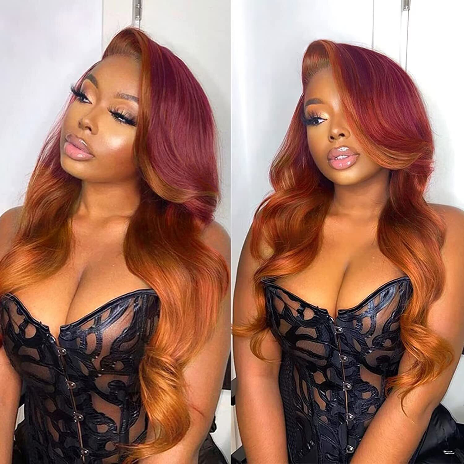 Haha Ombre Ginger Human Hair Wig Lace Front Burgundy Ginger Highlight Wig Body Wave Red Orange Skunk Stripe Human Hair Wigs Glueless 13X4 Hd Lace Frontal Pre Plucked 150% Density 28 Inch