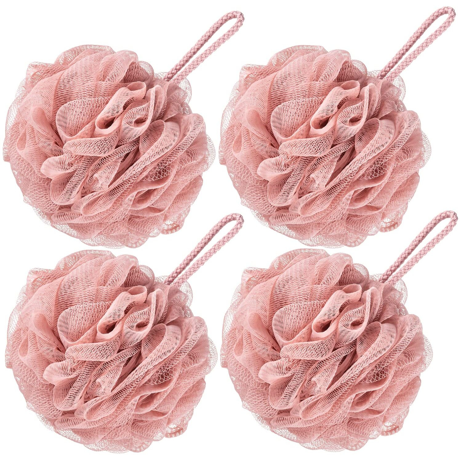 Vanzavanzu Bath Loofah Large 80G Shower Sponge Body Scrubber Mesh Pouf For Men And Women, Set Of 4 (Pink)
