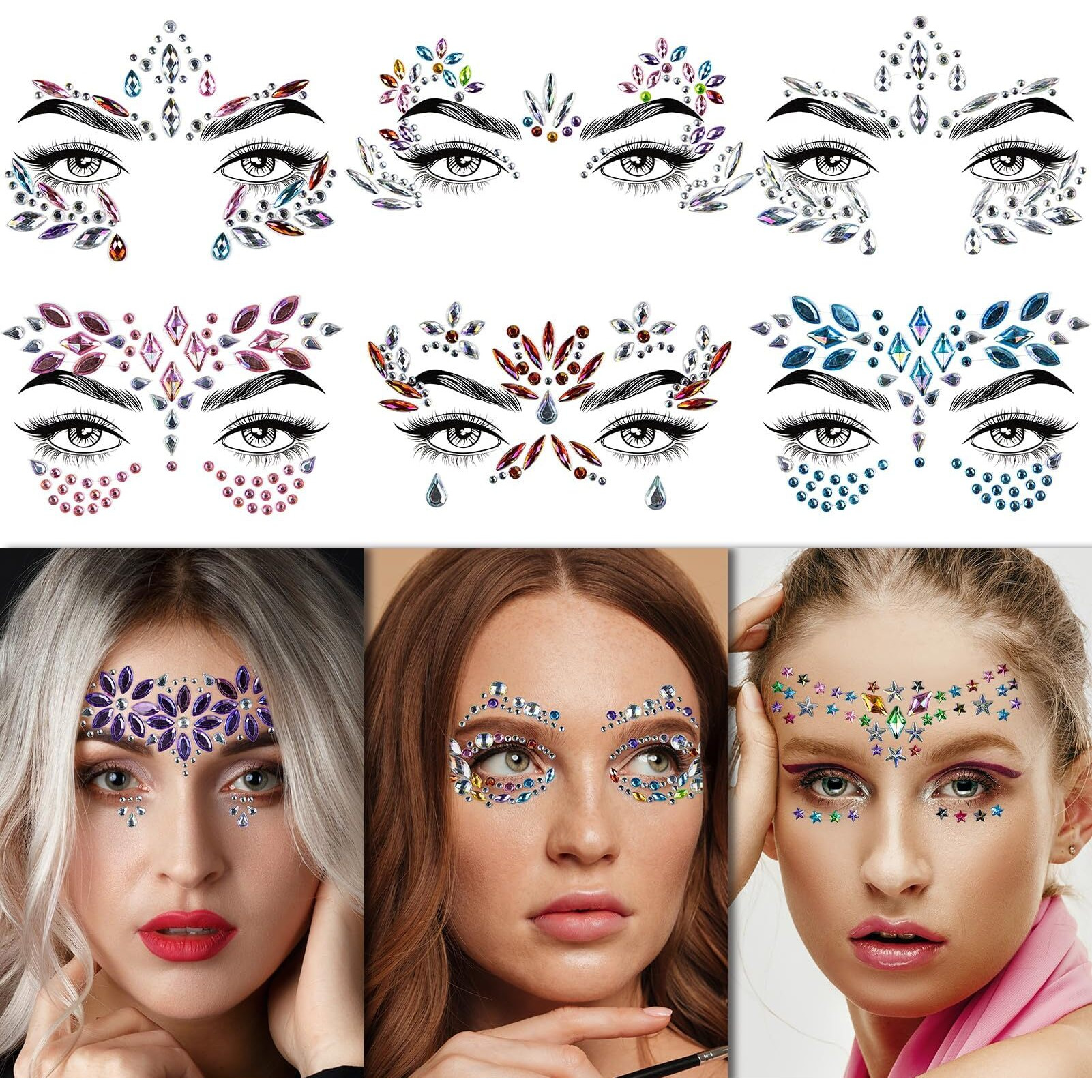 Emome 12 Sets Face Gems Glitter, Face Eye Body Jewels Rhinestones For Women Kids Makeup, Face Gem Nail Stickers For Fairy Butterfly Costume Accessories Rave Glitter
