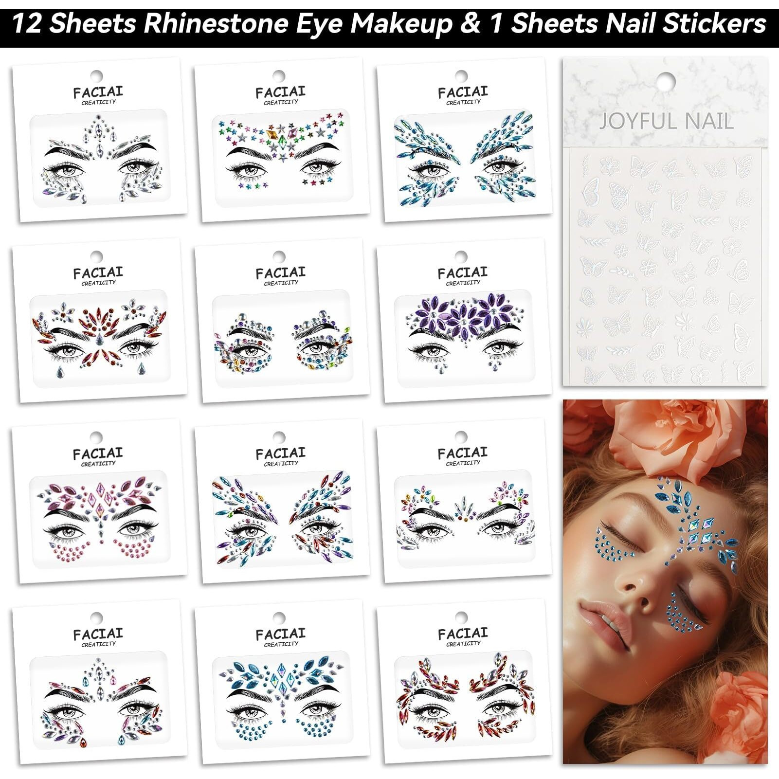 Emome 12 Sets Face Gems Glitter, Face Eye Body Jewels Rhinestones For Women Kids Makeup, Face Gem Nail Stickers For Fairy Butterfly Costume Accessories Rave Glitter