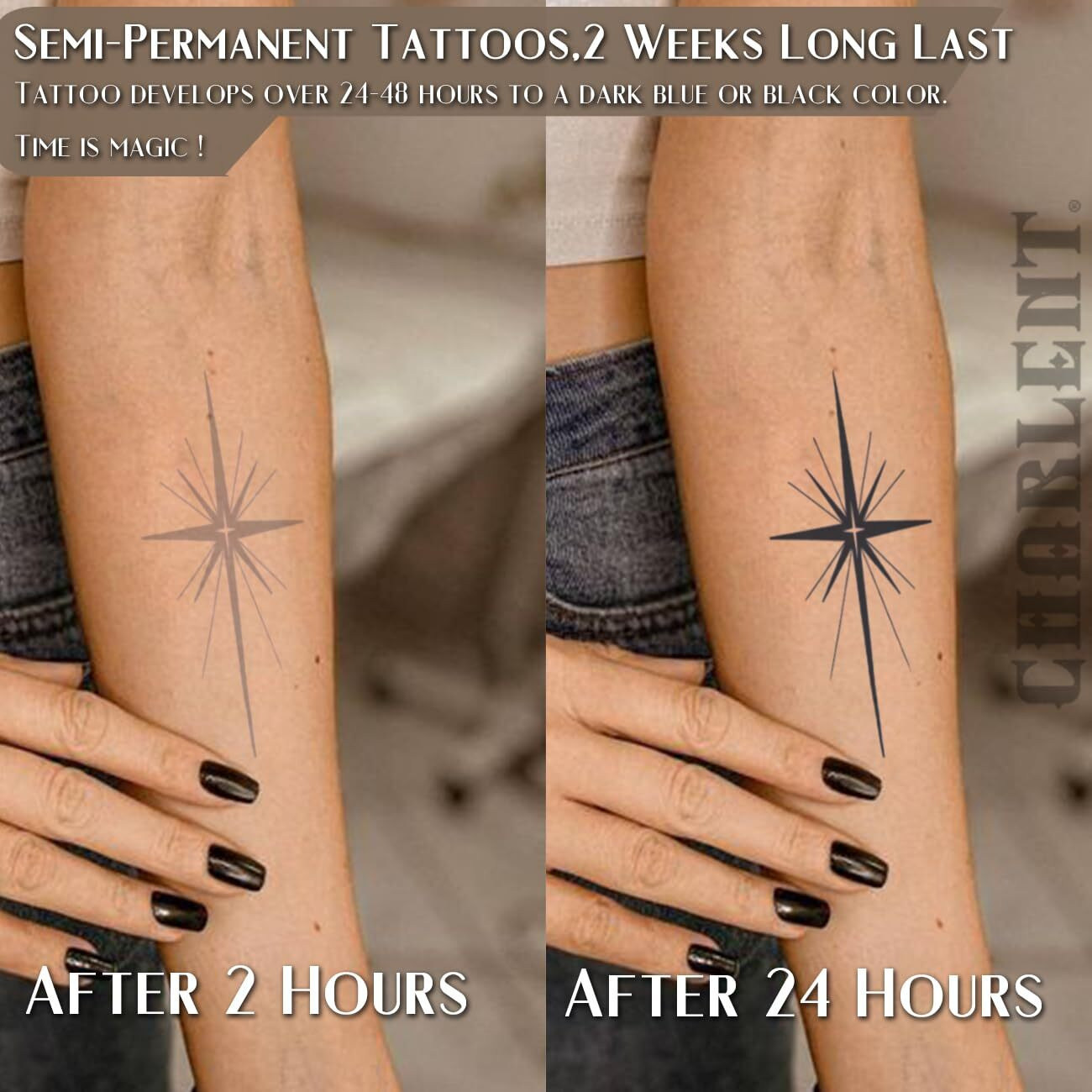 Charlnet Semi-Permanent Tattoos - 2 Weeks Long Last Stars Tattoos For Women Men Face Neck Body/Fades Naturally/No Reflection/Waterproof