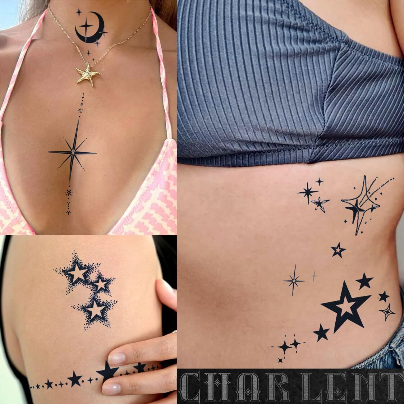 Charlnet Semi-Permanent Tattoos - 2 Weeks Long Last Stars Tattoos For Women Men Face Neck Body/Fades Naturally/No Reflection/Waterproof
