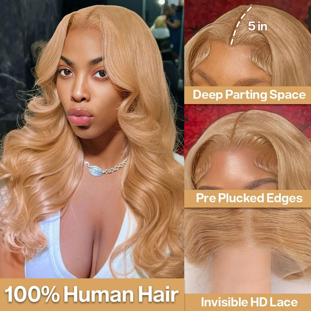 Omswet Honey Blonde Body Wave Bob Wig Human Hair 5X5 Hd Lace Closure Wigs For Black Women Wear And Go Human Hair Wig Pre Plucked Bleached Knots Glueless Wigs 200 Density 27 Body Wave Wig 14 Inch