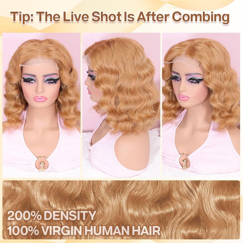 Omswet Honey Blonde Body Wave Bob Wig Human Hair 5X5 Hd Lace Closure Wigs For Black Women Wear And Go Human Hair Wig Pre Plucked Bleached Knots Glueless Wigs 200 Density 27 Body Wave Wig 14 Inch