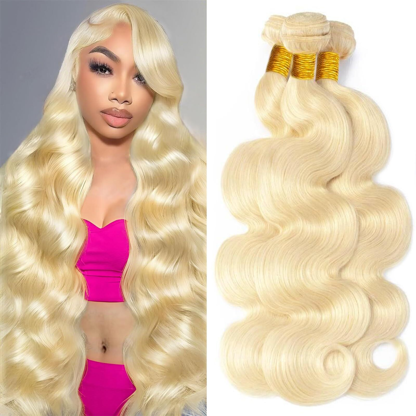 613 Bundles Human Hair 24 26 28 Inch Blonde Bundles Human Hair 100% Unprocessed 12A Grade Brazilian Virgin Raw Weave Bundles 3 Bundles Blonde Body Wave Human Hair Extensions For Women