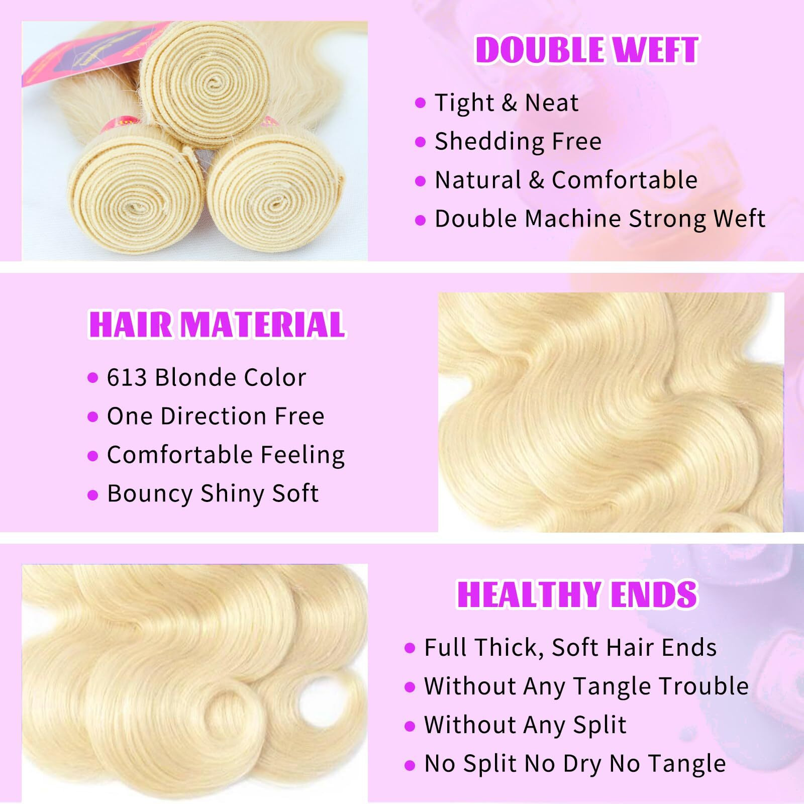 613 Bundles Human Hair 24 26 28 Inch Blonde Bundles Human Hair 100% Unprocessed 12A Grade Brazilian Virgin Raw Weave Bundles 3 Bundles Blonde Body Wave Human Hair Extensions For Women