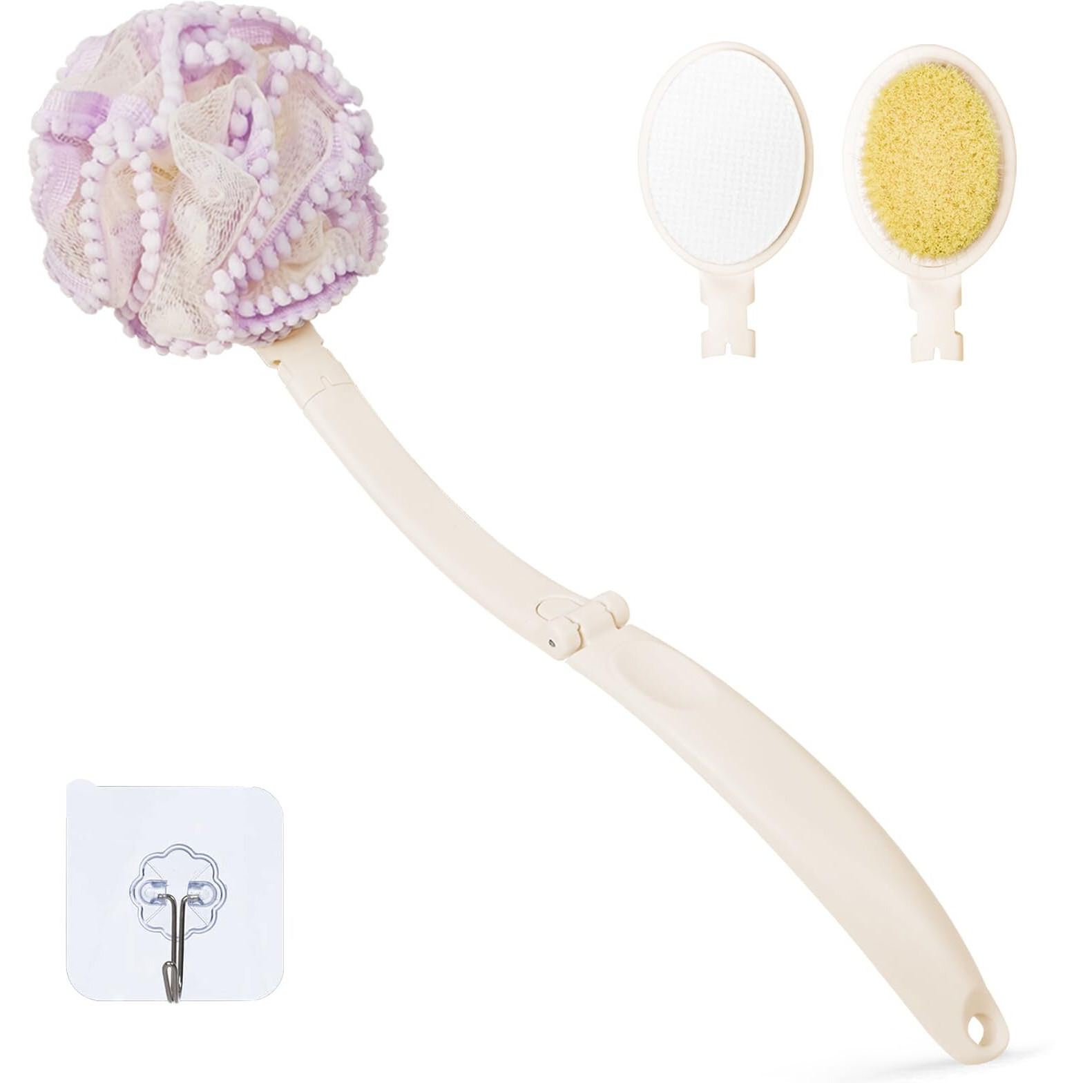 Topfinder Loofah Sponge With Handle,Back Scrubber Brush For Shower, Lotion Applicator For Back,3 In 1 Shower Kit (Purple Loofah)