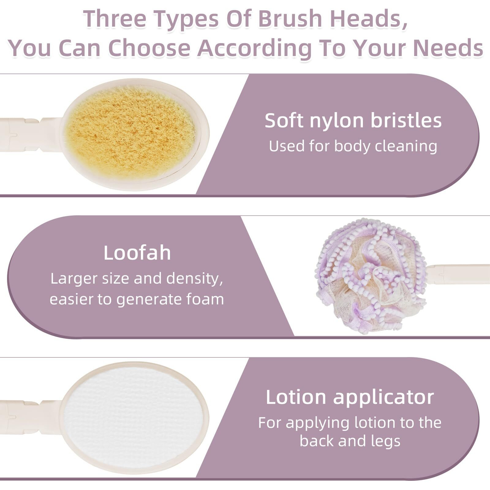 Topfinder Loofah Sponge With Handle,Back Scrubber Brush For Shower, Lotion Applicator For Back,3 In 1 Shower Kit (Purple Loofah)