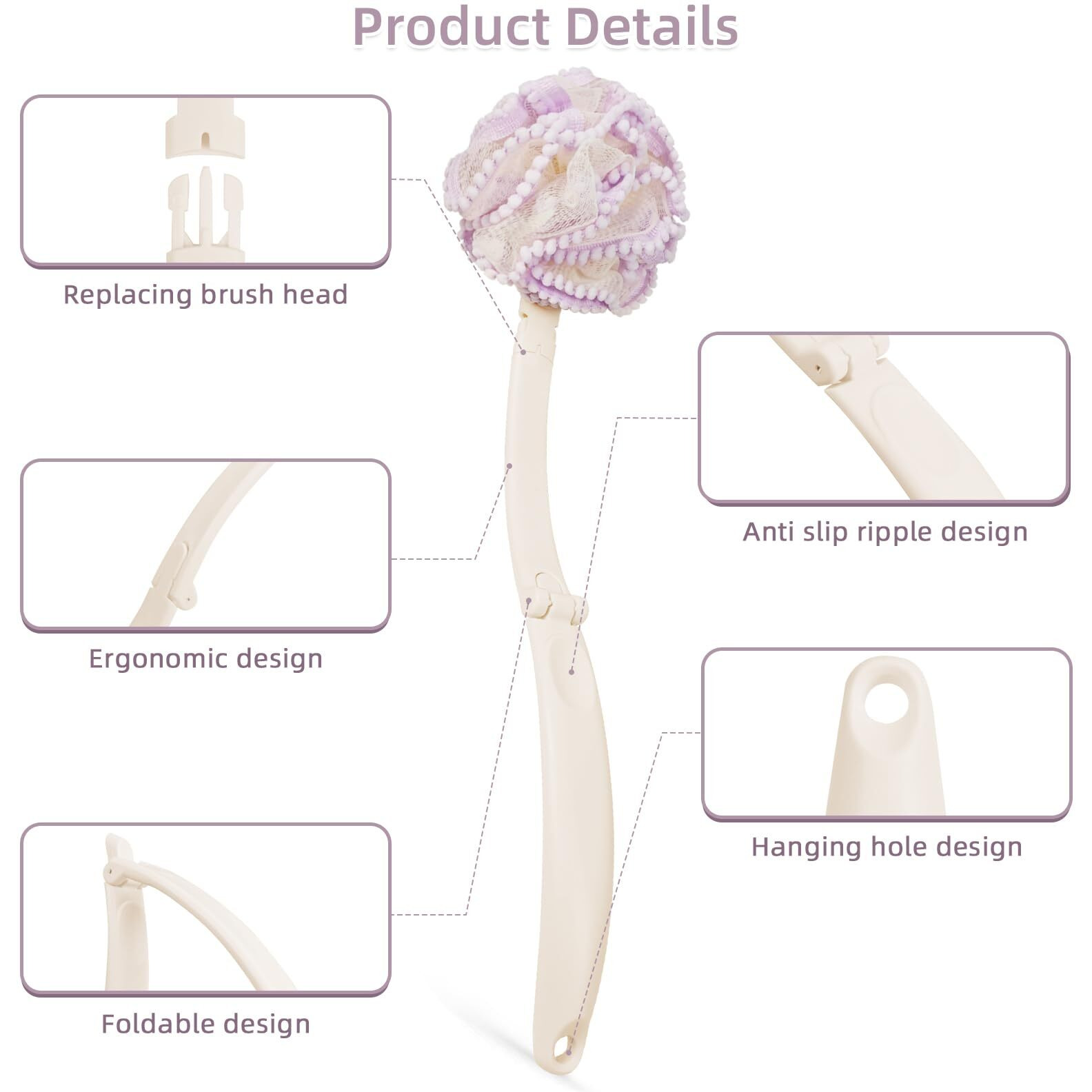 Topfinder Loofah Sponge With Handle,Back Scrubber Brush For Shower, Lotion Applicator For Back,3 In 1 Shower Kit (Purple Loofah)