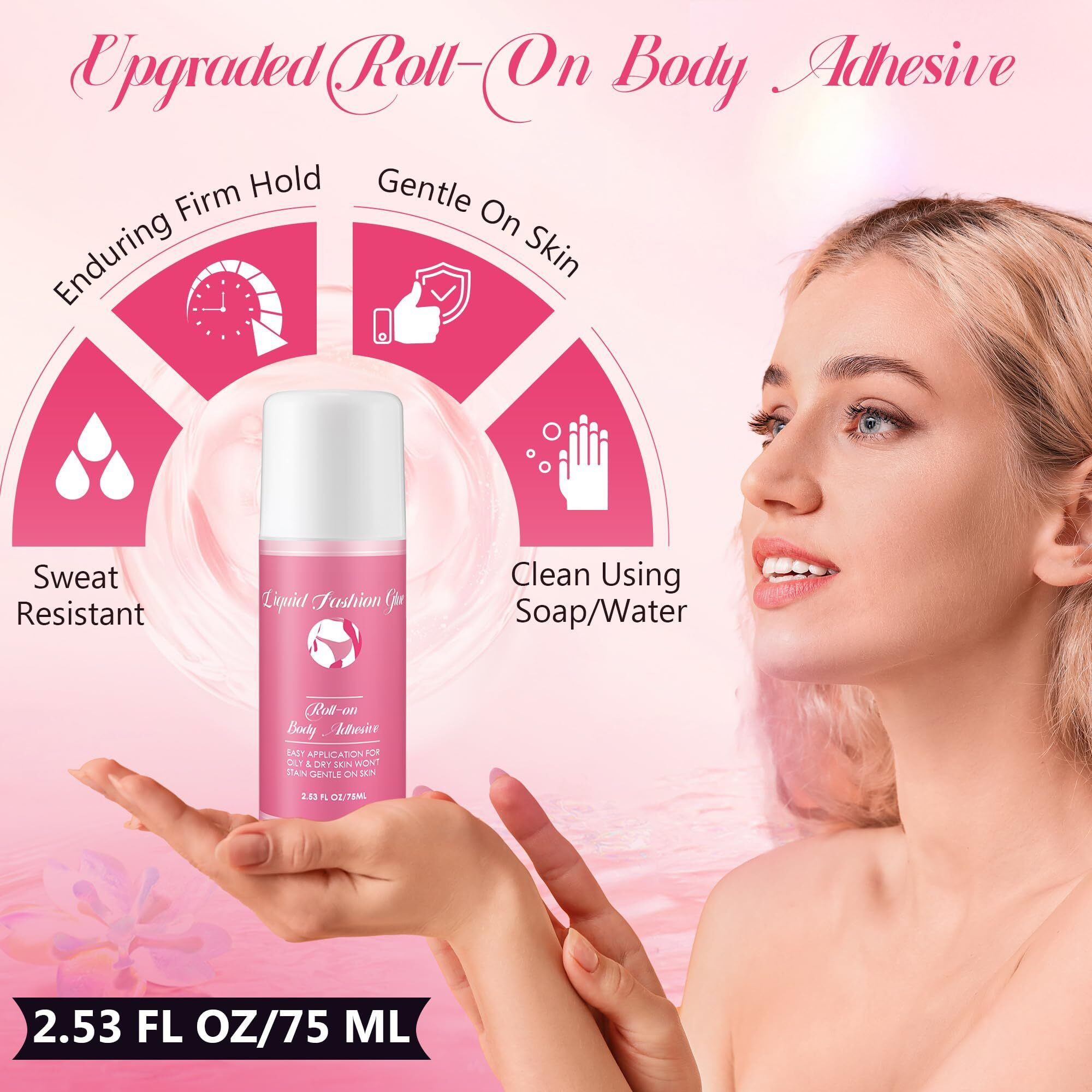 Happyalley 1 Pcs Roll On Body Adhesive For Dancers, 2.53Oz Clear & Non Toxic Liquid Fashion Glue For Oily And Dry Skin, Sweat Resistant Body Adhesive For Compression Stocking, Wig Glue, Residue Free