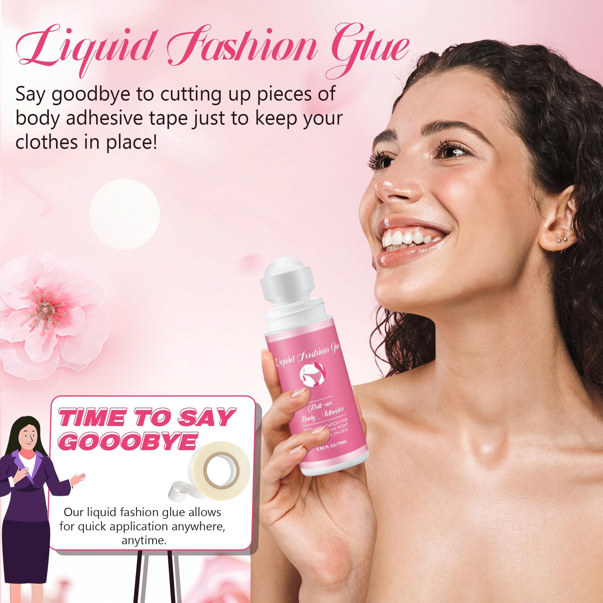 Happyalley 1 Pcs Roll On Body Adhesive For Dancers, 2.53Oz Clear & Non Toxic Liquid Fashion Glue For Oily And Dry Skin, Sweat Resistant Body Adhesive For Compression Stocking, Wig Glue, Residue Free