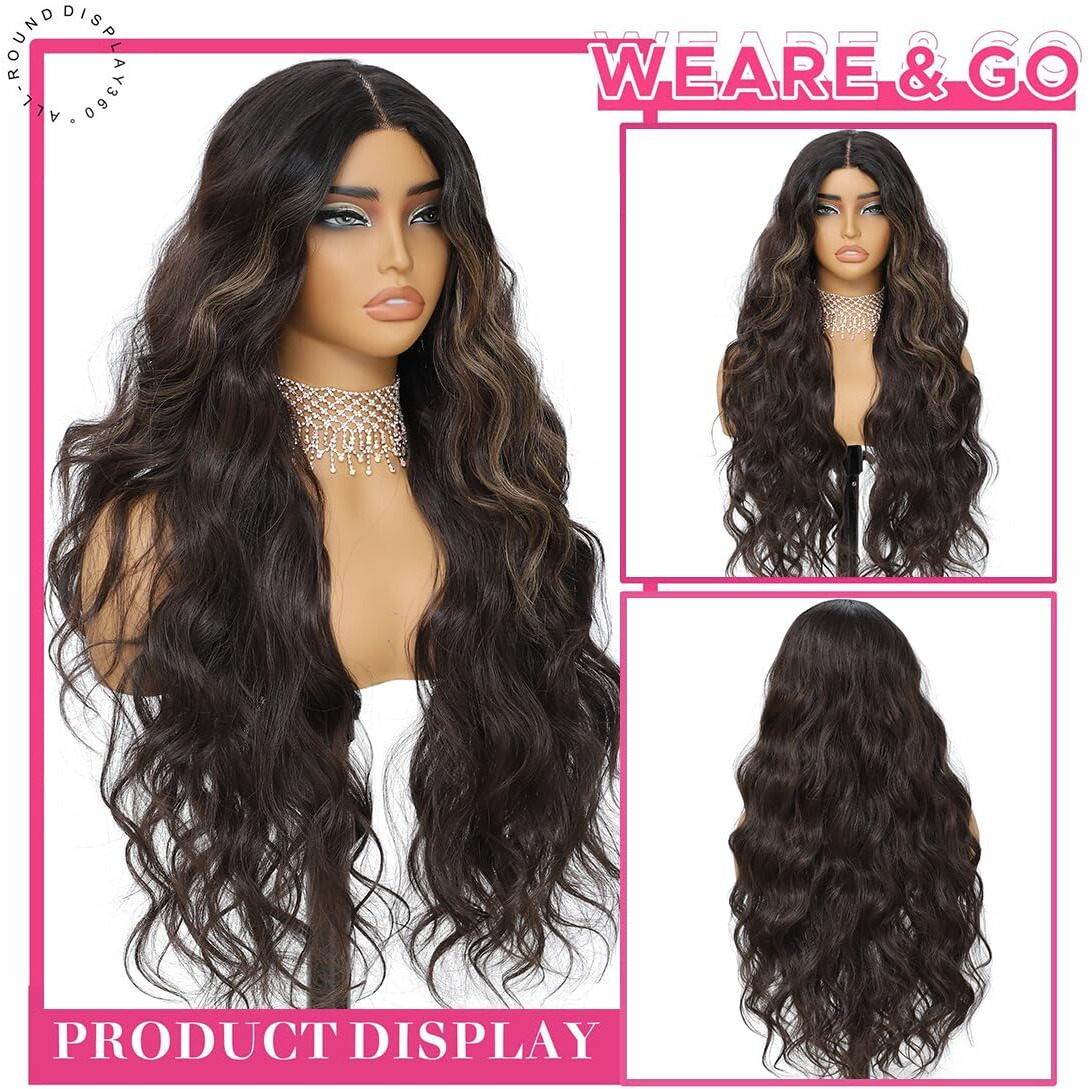 Xchjh 30 Inch Skunk Brown Synthetic Lace Front Wig Long Wavy Body Wave Wigs 4X1 Glueless Pre-Cut Lace Middle Part Synthetic Wavy Wig For Women Beginner-Friendly For Daily Use (Skunk Stripe Brown)