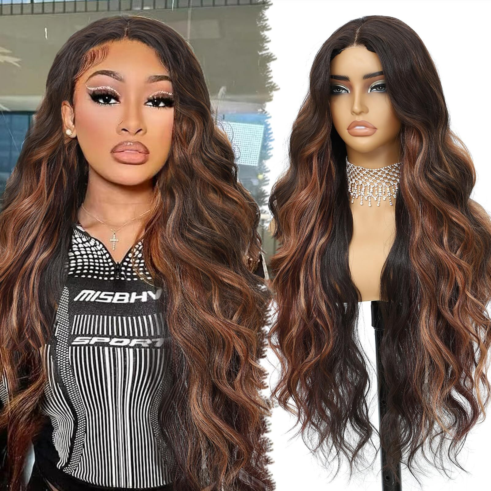 Xchjh Balayage Brown 4X1 Pre Cut Lace Synthetic Lace Front Wig With Baby Hair Heat Friendly Body Wave Ombre Wig For Women 30 Inch Glueless Ready To Wear Synthetic Hair