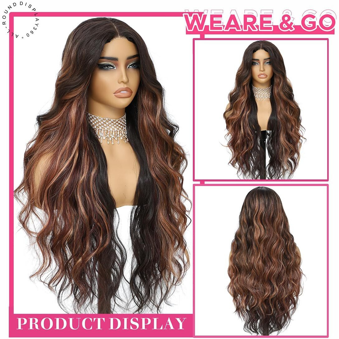 Xchjh Balayage Brown 4X1 Pre Cut Lace Synthetic Lace Front Wig With Baby Hair Heat Friendly Body Wave Ombre Wig For Women 30 Inch Glueless Ready To Wear Synthetic Hair