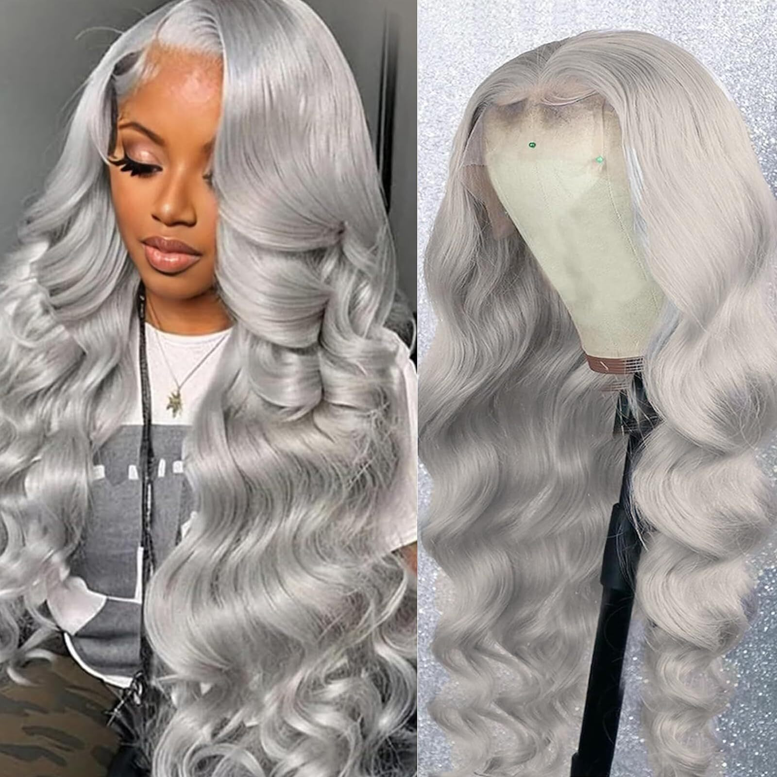 Dorashion 34 Inch Grey 13X4 Lace Front Wigs Human Hair Glueless Grey Colored Body Wave Lace Front Wigs With Baby Hair Pre Plucked 180 Density Hd Transparent Lace Frontal Wigs For Women