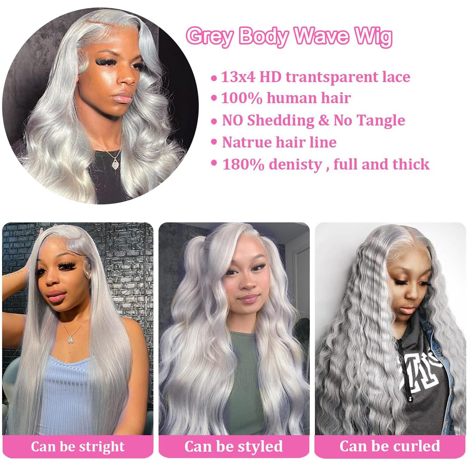 Dorashion 34 Inch Grey 13X4 Lace Front Wigs Human Hair Glueless Grey Colored Body Wave Lace Front Wigs With Baby Hair Pre Plucked 180 Density Hd Transparent Lace Frontal Wigs For Women