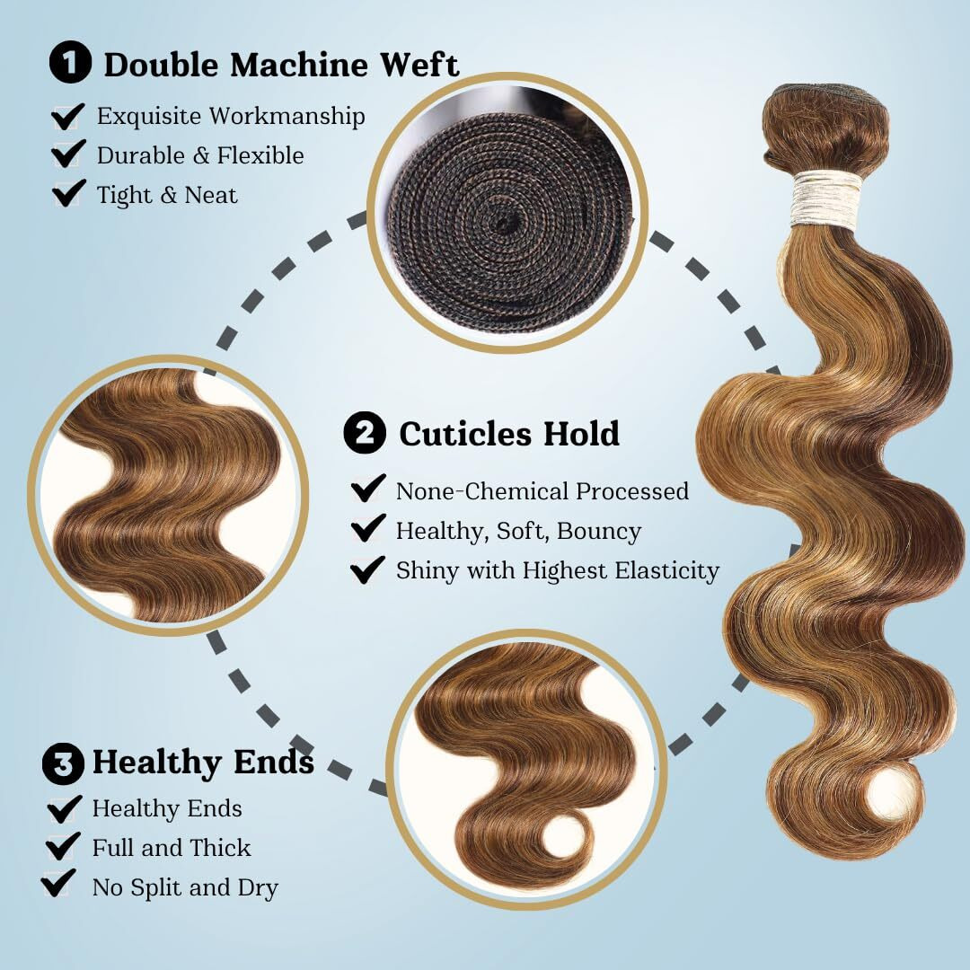 Alher 4/27 Honey Blonde Highlight 3 Bundles With 4X4 Lace Closure Body Wave (18 20 22 + 18), Bundles With Closure Balayage Ombre Brown Human Hair Sew In Weave, 12A 100% Brazilian Virgin Hair For Women