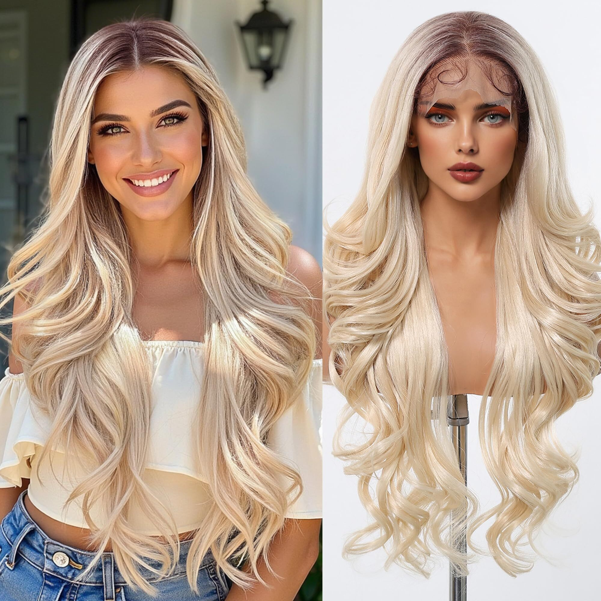Testar 13  6 Lace Front Wig Long Blonde Wavy Wigs For White Women Middle Part Body Wave Synthetic Heat Resistant Fiber Wig For Daily Use 26 In