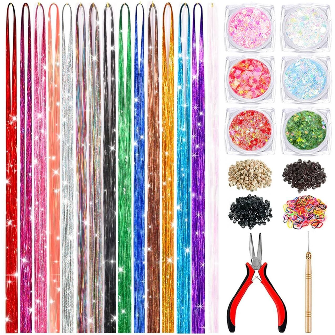 Hair Tinsel Kit With Body Glitter 15 Colors 48 Inch 7500 Strands Glitter Tinsel Hair Extensions With Tools Fairy Hair Accessories, Suitable For Festivals And Daily Use (15 Colors Hair Tinsel Kit)