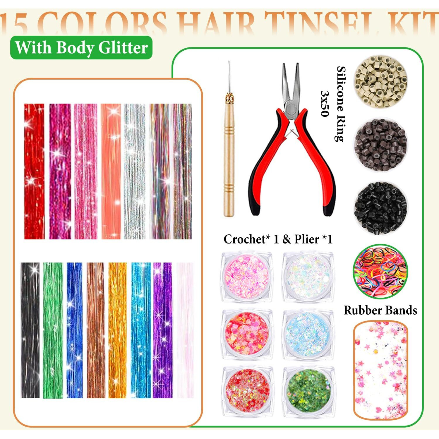 Hair Tinsel Kit With Body Glitter 15 Colors 48 Inch 7500 Strands Glitter Tinsel Hair Extensions With Tools Fairy Hair Accessories, Suitable For Festivals And Daily Use (15 Colors Hair Tinsel Kit)