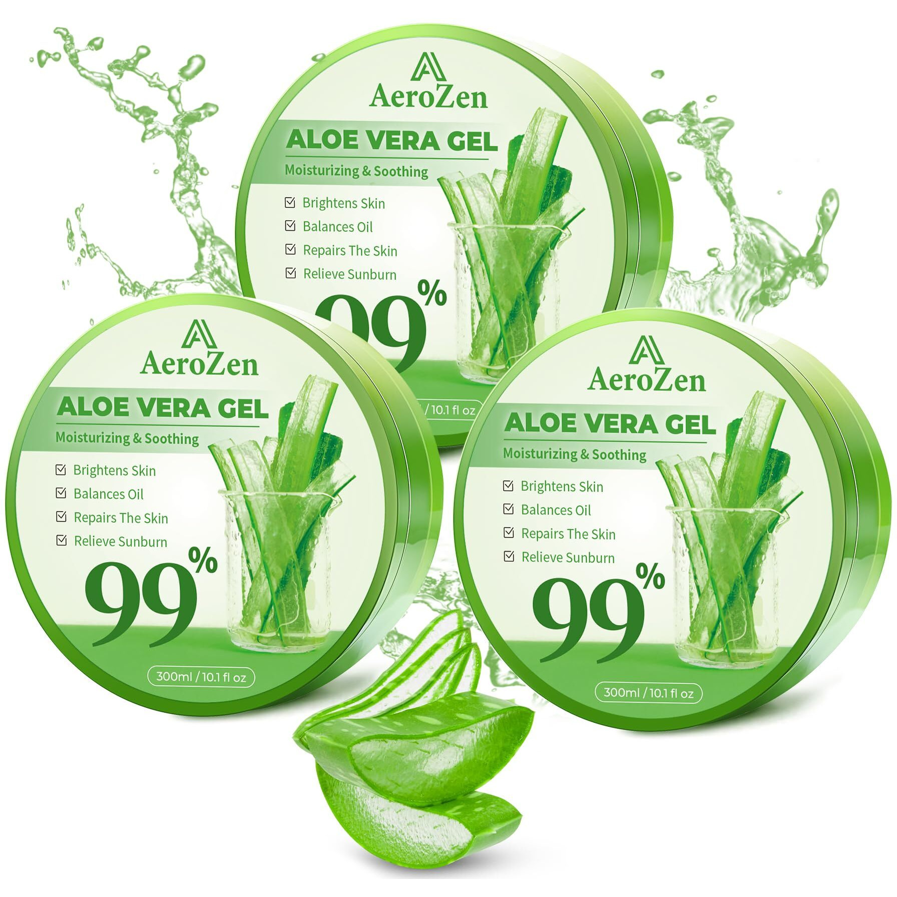 Aero Zen 99% Pure & Organic Aloe Vera Gel - 3-Pack (31.5Oz) | Bulk Hydration For Daily & Sun Care | Lightweight, Non-Greasy, Alcohol-Free For Face/Body/Hair | Vegan