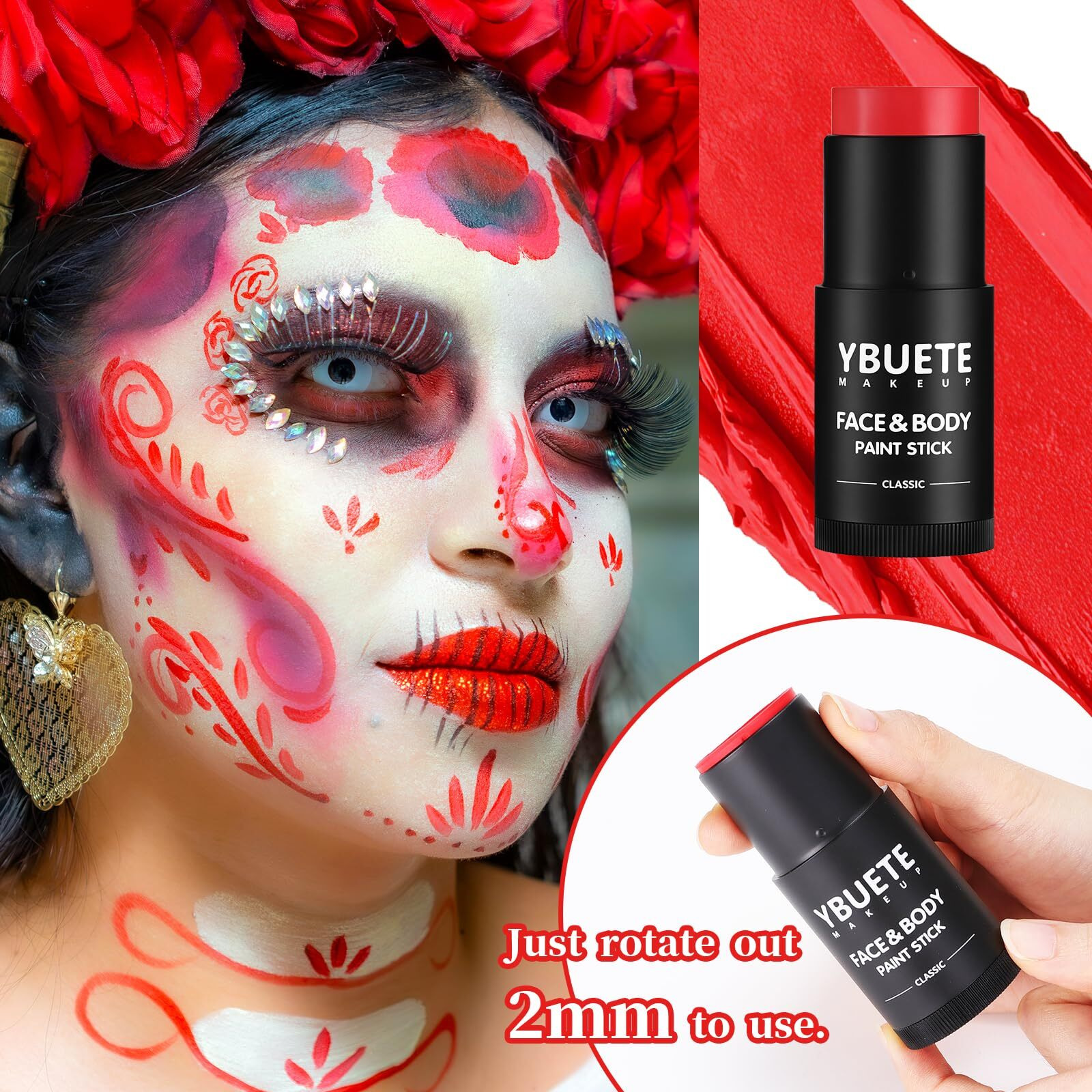 Ybuete Red Face Body Painting Stick, Full-Coverage Cream Professional Washable Face Paint For Halloween Sfx Devil Clown Vampire Zombie Goth Cosplay Makeup For Adult Costume Party & Stage Performance