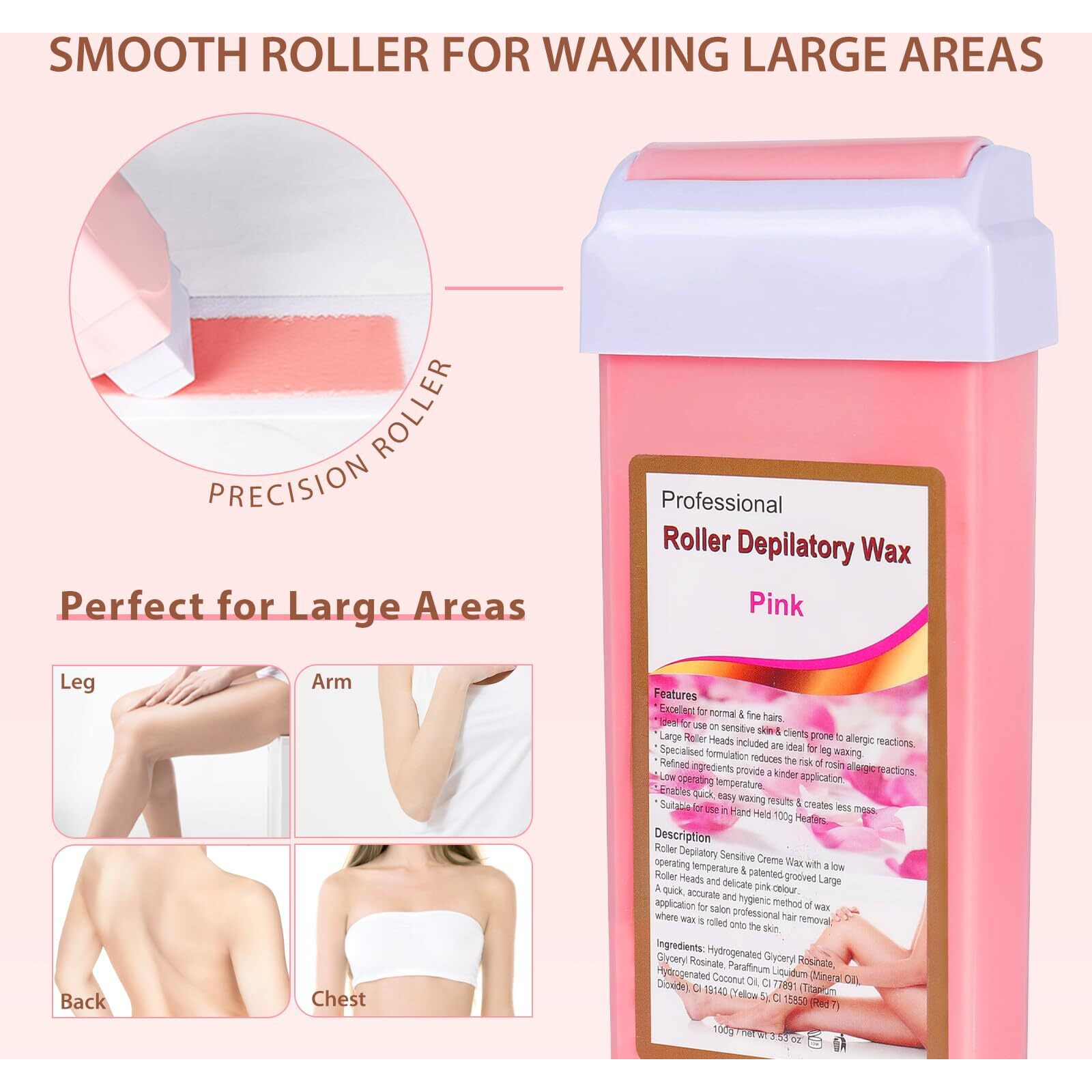 Roll On Wax Refill 4 Rose Wax Roller Refill - Hair Removal Cartridge For Body Legs Arms (100G/3.53Oz, 4 Pack)