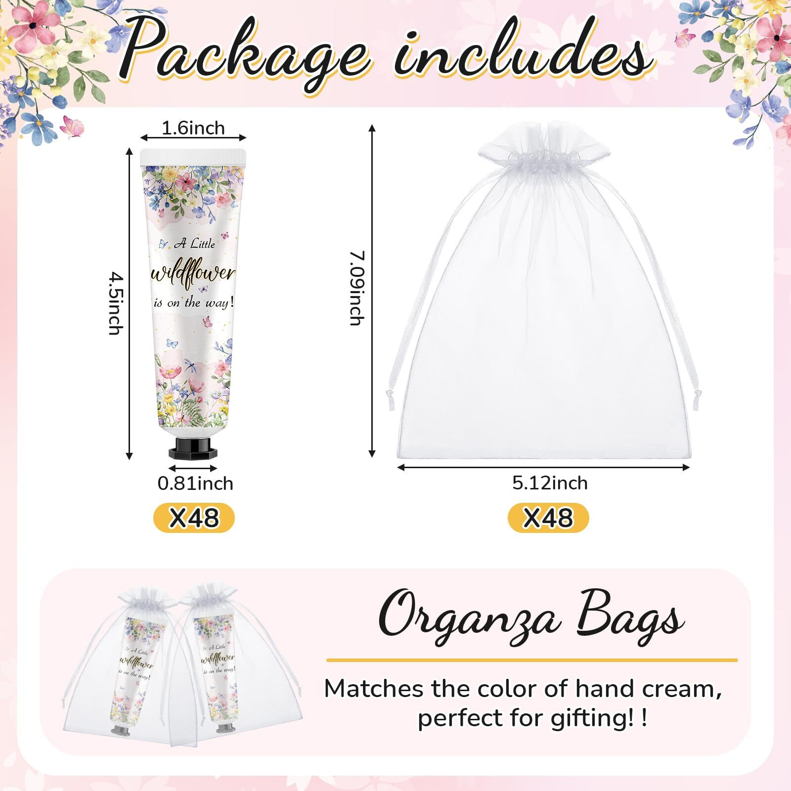Swiffen 48 Sets Baby Shower Hand Cream Bulk Wildflower Baby Shower Favors Bridal Thank You Hand Cream For Guests Travel Size Lotion With Organza Bags