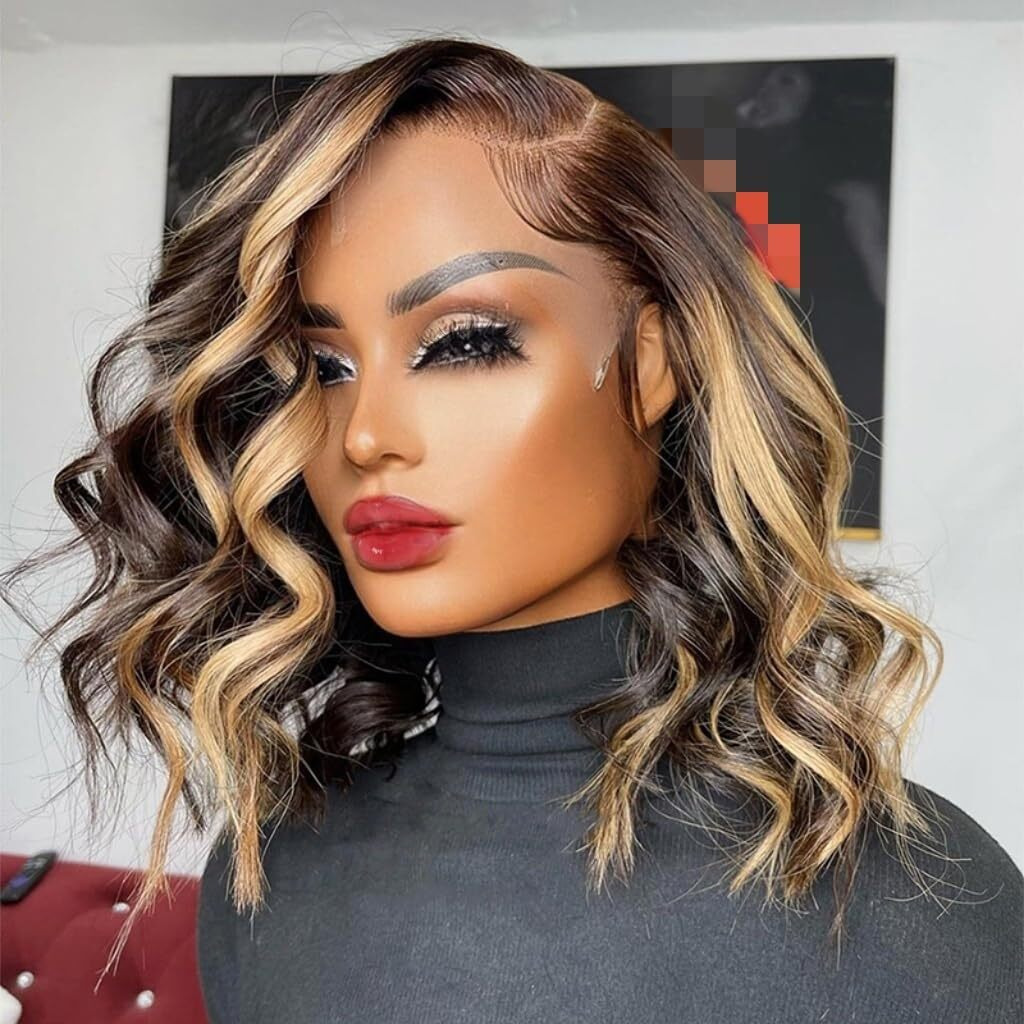 Highlight Bob Wig Human Hair 13X4 Hd Lace Front Wigs Human Hair Pre Plucked Glueless Short Body Wave Bob Wigs For Women Human Hair 180 Density Ombre Brown Honey Blonde P4/27 Loose Wave Bob Wig 12 Inch