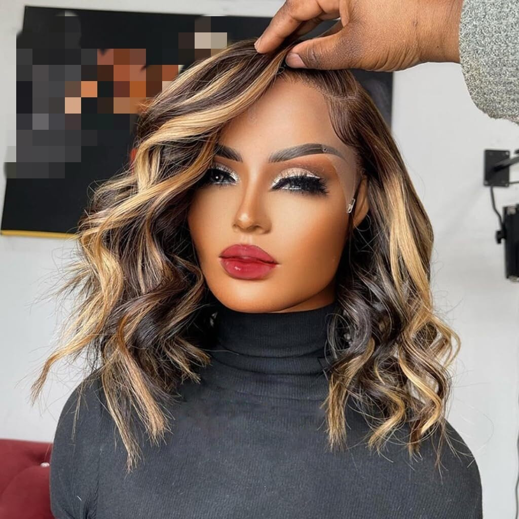 Highlight Bob Wig Human Hair 13X4 Hd Lace Front Wigs Human Hair Pre Plucked Glueless Short Body Wave Bob Wigs For Women Human Hair 180 Density Ombre Brown Honey Blonde P4/27 Loose Wave Bob Wig 12 Inch
