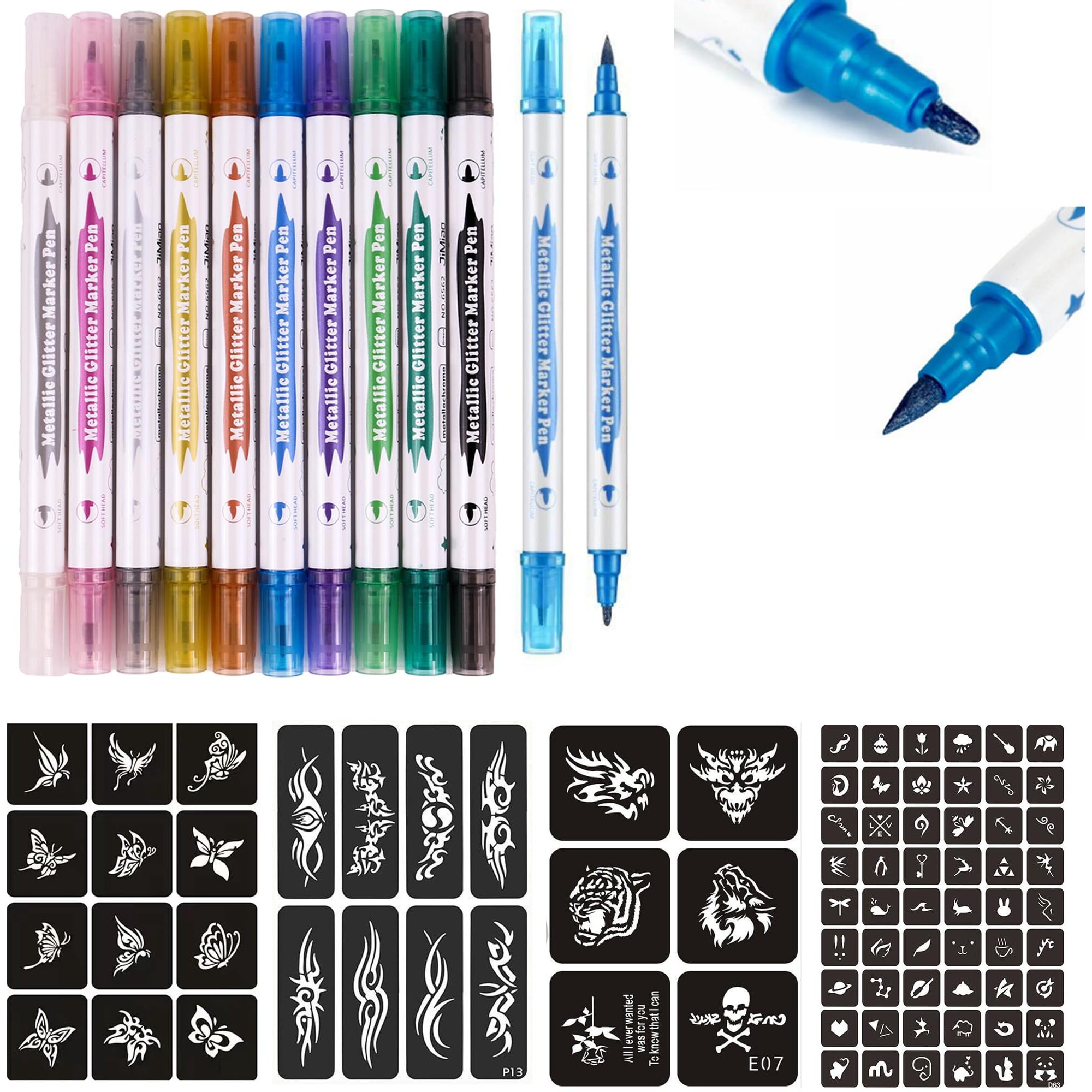 Temporary Tattoo Markers For Skin,10-Count Body Markers+80 Large Tattoo Stencils Of Assorted Colors For Kids And Adults,Dual-End Tattoo Pens Bold And Fine Line With Cosmetic-Grade Temporary Tattoo Ink