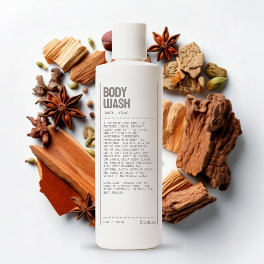 Blu Atlas Body Wash, 8 Oz - Sulfate-Free Gel Body Wash For Men, Moisturizing Formula Suitable For All Skin Types Santal Cedar