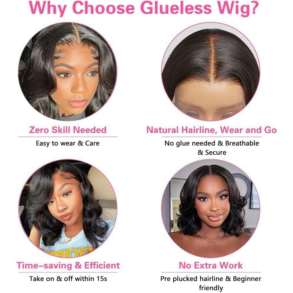 Wear And Go Glueless Bob Wig Human Hair Pre Plucked Body Wave Bob Wigs For Black Women Pre Cut 4X4 Lace Closure Hd Transparent Glueless Lace Front Wig (4X4 Body Wave Bob Wig, 14 Inch)