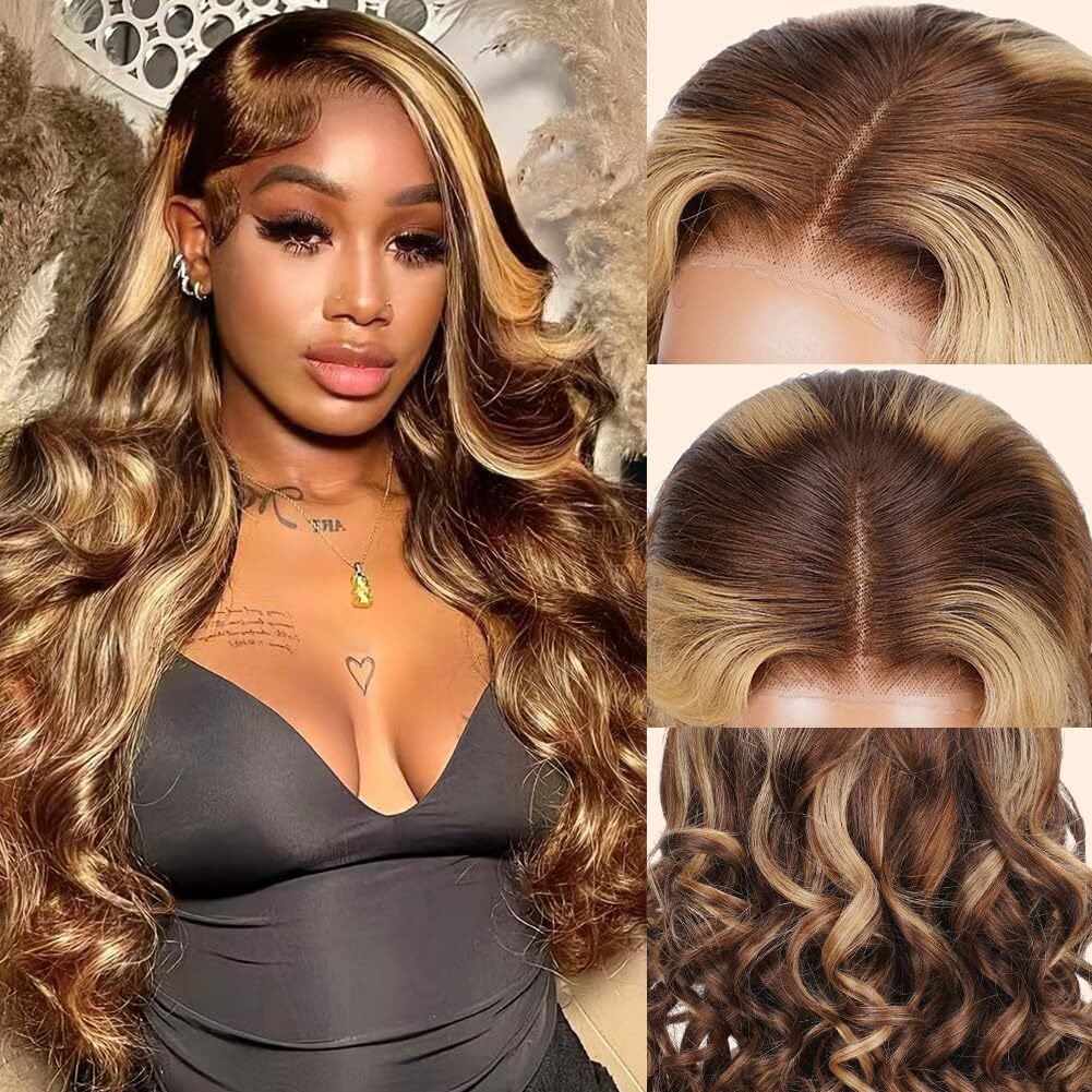 Ombre Highlight Lace Front Wigs Human Hair Honey Blonde 5X5 Pre Cut Lace Front Wigs Human Hair 5X5 Hd Lace Closure Wigs For Women 4/27 Glueless Bouncy Body Wave Lace Front Wig 180 Density 26 Inch
