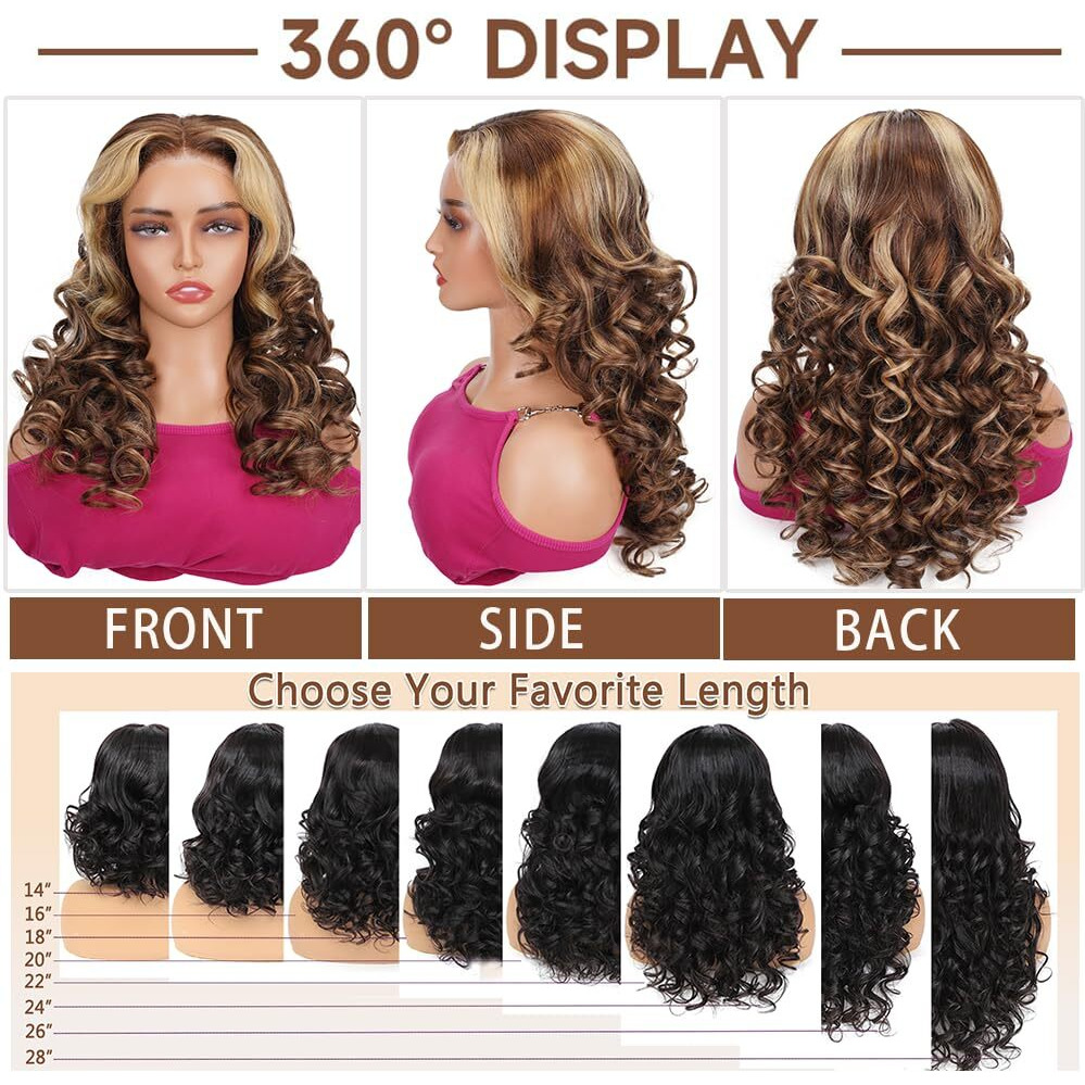 Ombre Highlight Lace Front Wigs Human Hair Honey Blonde 5X5 Pre Cut Lace Front Wigs Human Hair 5X5 Hd Lace Closure Wigs For Women 4/27 Glueless Bouncy Body Wave Lace Front Wig 180 Density 26 Inch