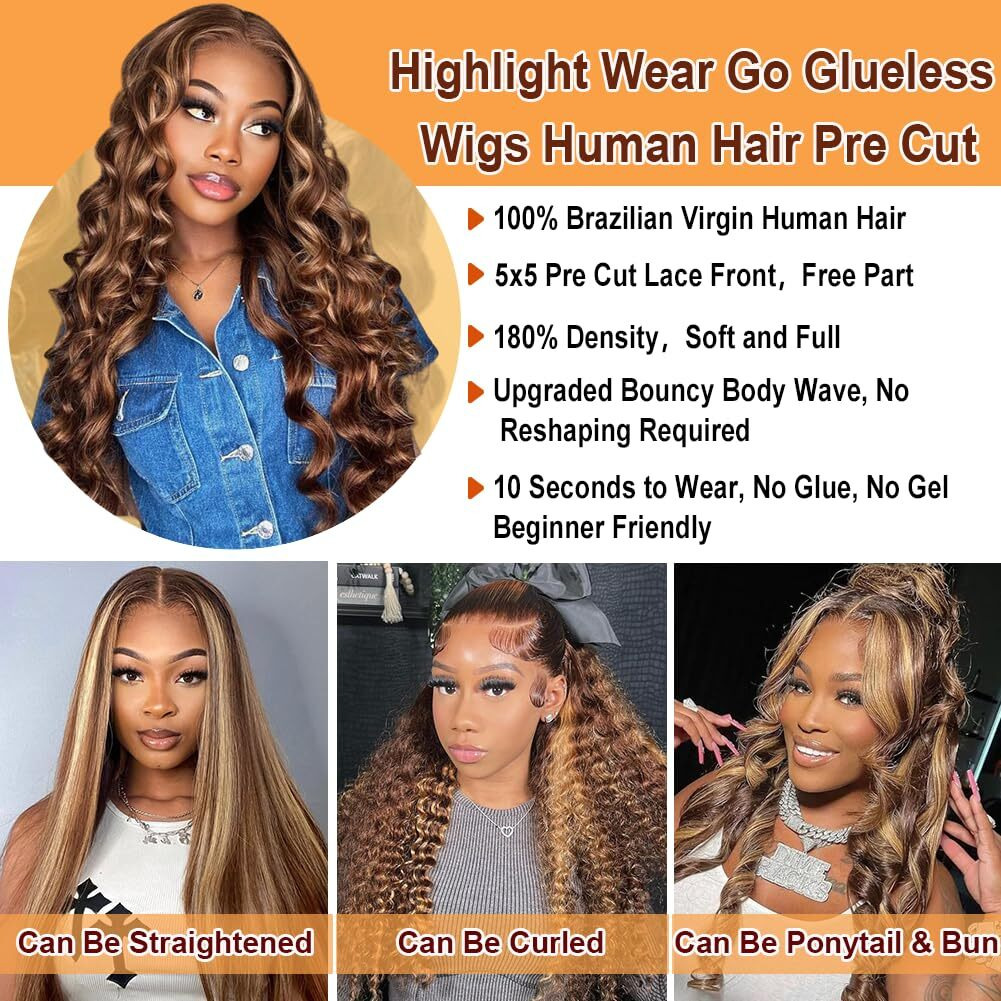 Ombre Highlight Lace Front Wigs Human Hair Honey Blonde 5X5 Pre Cut Lace Front Wigs Human Hair 5X5 Hd Lace Closure Wigs For Women 4/27 Glueless Bouncy Body Wave Lace Front Wig 180 Density 26 Inch