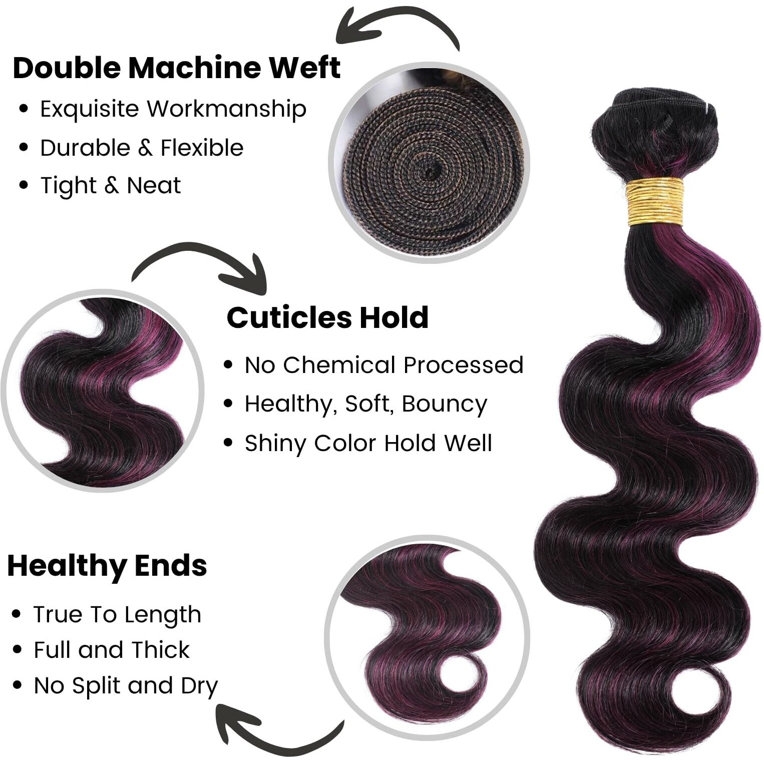 Alher Black Mix Purple Highlight Bundles Human Hair Body Wave 24 26 28 In, 12A Soft Thick 1B/Purple Burgundy Bundles Wavy Human Hair, 100% Remy Hair Midnight Purple Highlight Dark Root Two Tone Color