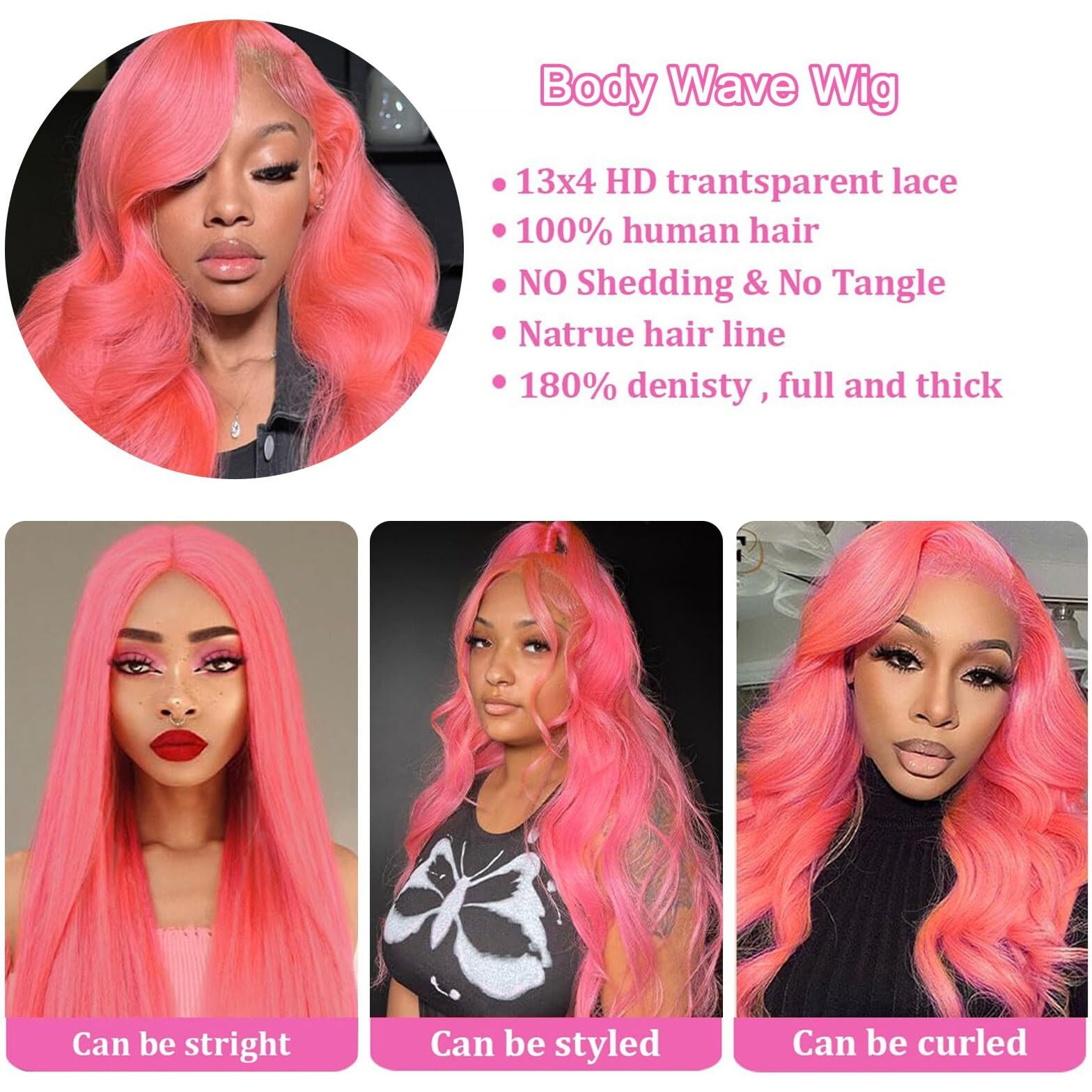 Dorashion 34 Inch Pink 13X4 Lace Front Wigs Human Hair Glueless Pink Colored Body Wave Lace Front Wigs With Baby Hair Pre Plucked 180 Density Hd Transparent Lace Frontal Wig For Women