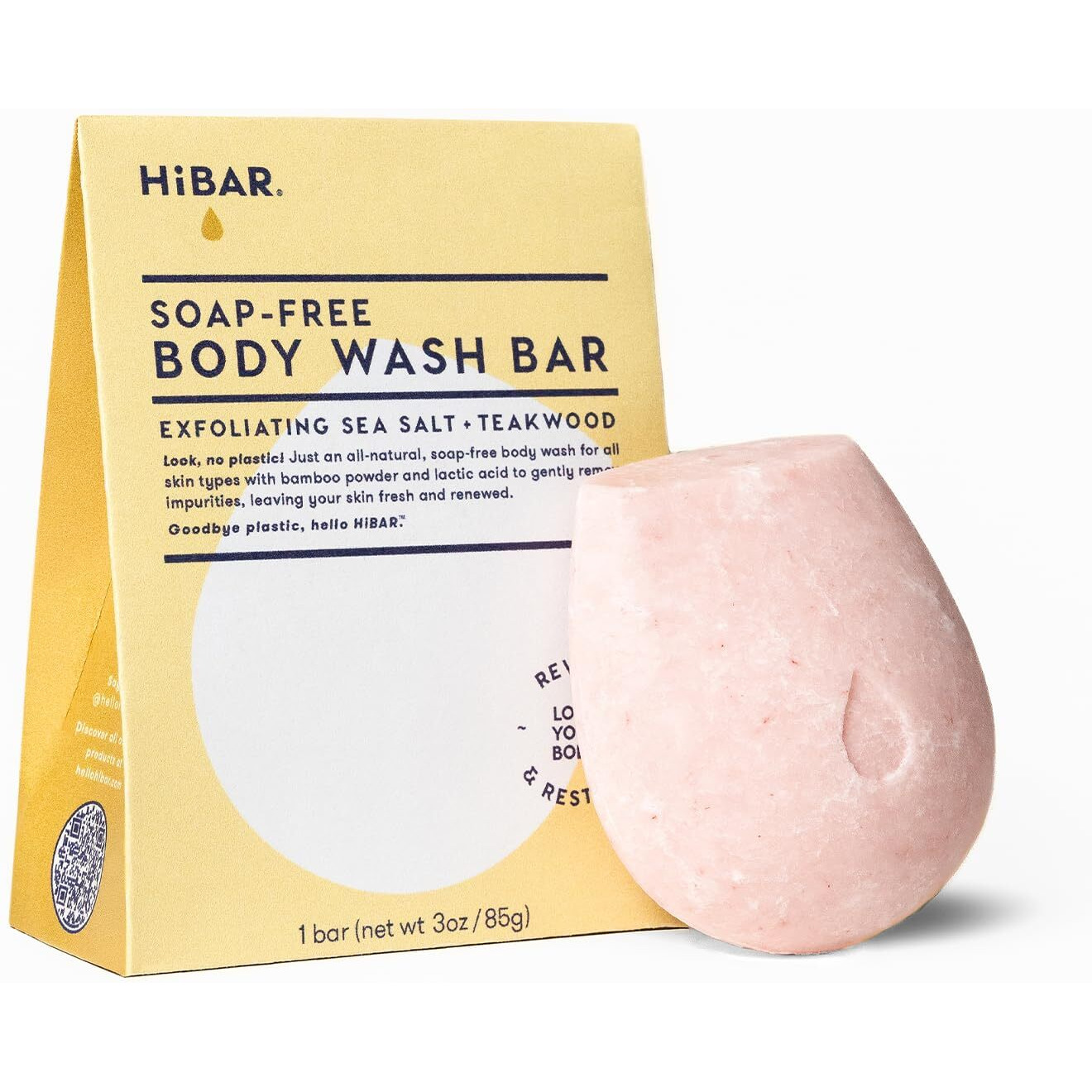 Hibar - Exfoliate Solid Body Wash Bar - Revive & Restore - With Bamboo Powder & Colloidal Oat - Daily Use & Sensitive Skin - Plastic, Paraben & Soap-Free - Vegan - Sea Salt + Teakwood